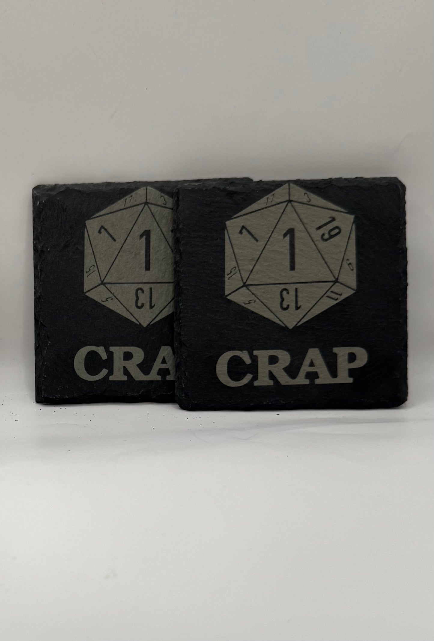 D20 Dice Design Laser Etched Slate Coaster, Black, Critical Fail Theme, Set of 4
