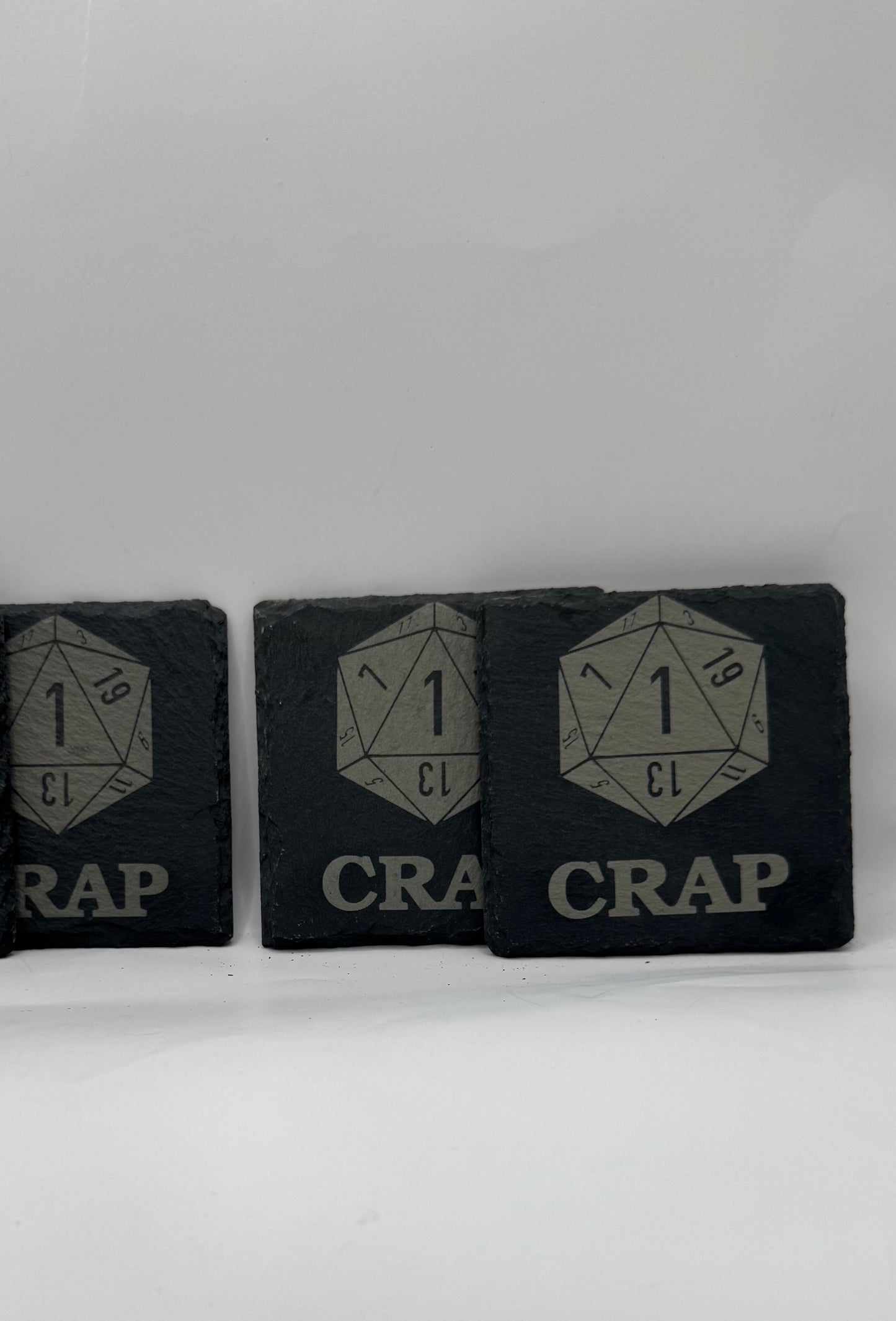 D20 Dice Design Laser Etched Slate Coaster, Black, Critical Fail Theme, Set of 4