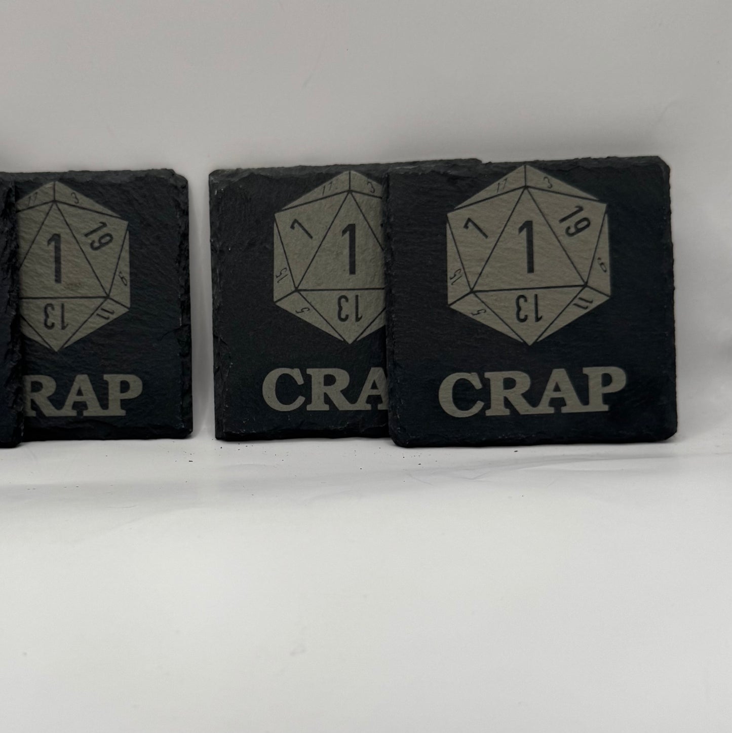 D20 Dice Design Laser Etched Slate Coaster, Black, Critical Fail Theme, Set of 4