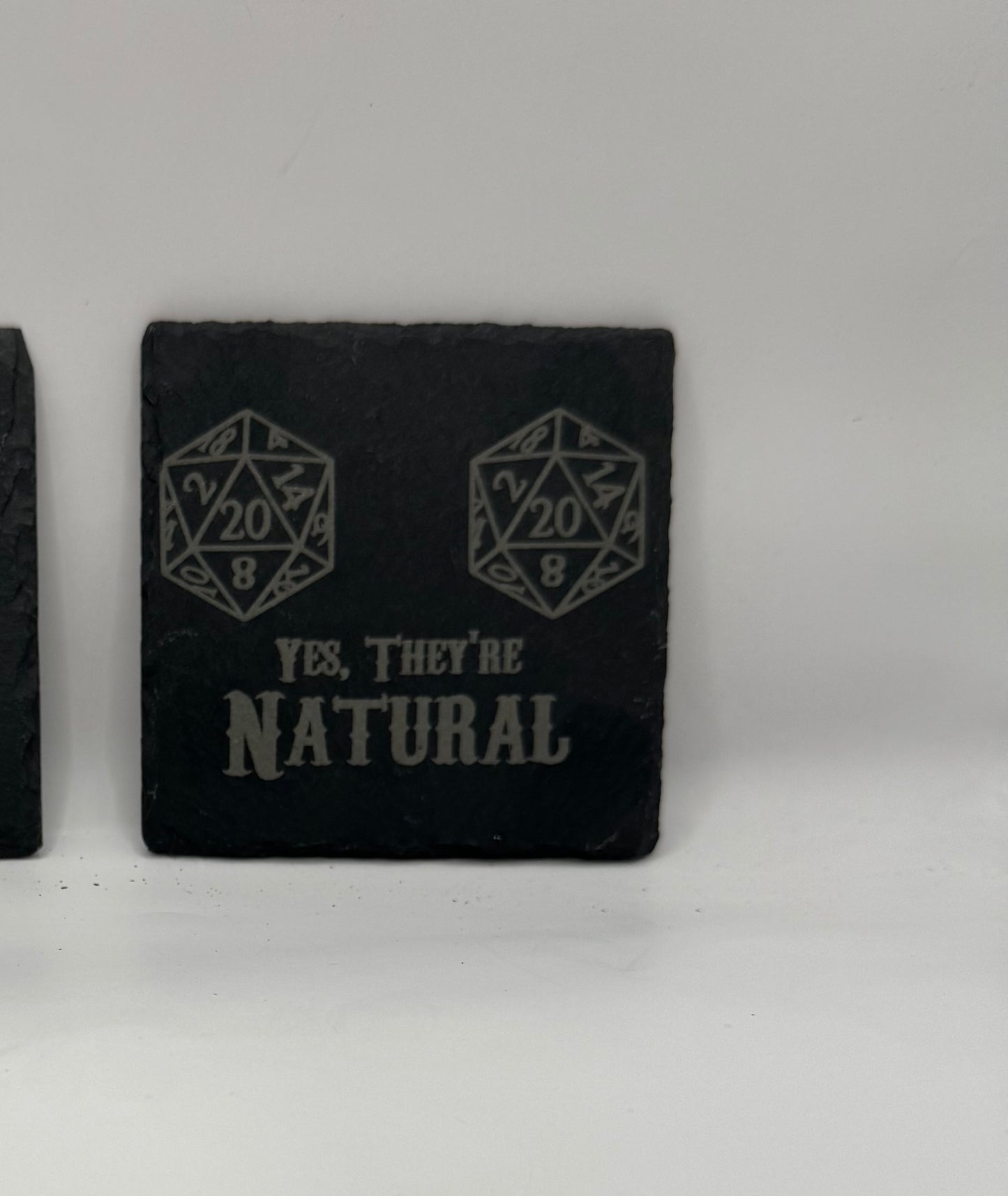 D20 Dice Natural Roll Slate Coaster, Tabletop Gaming Decor, Black, Set of 4