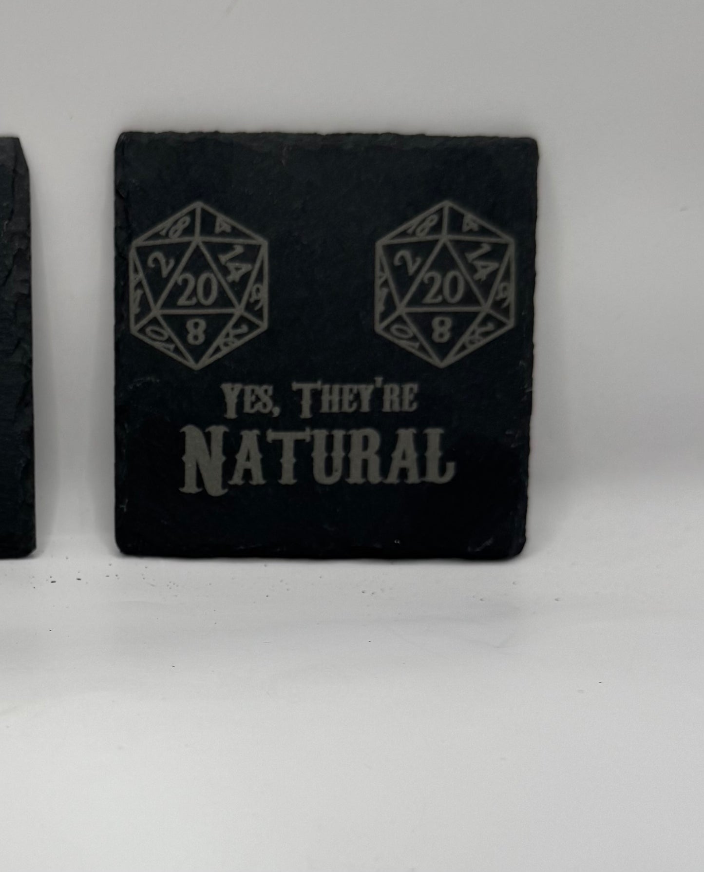 D20 Dice Natural Roll Slate Coaster, Tabletop Gaming Decor, Black, Set of 4