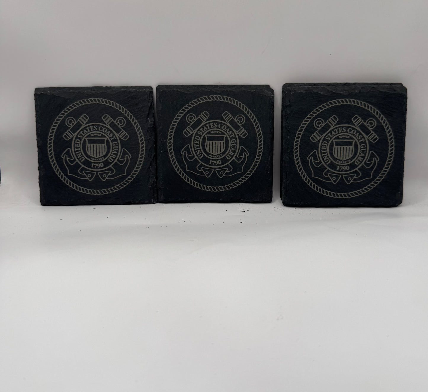 U.S. Coast Guard Slate Coasters with Engraved Logo, Black, Set of 4