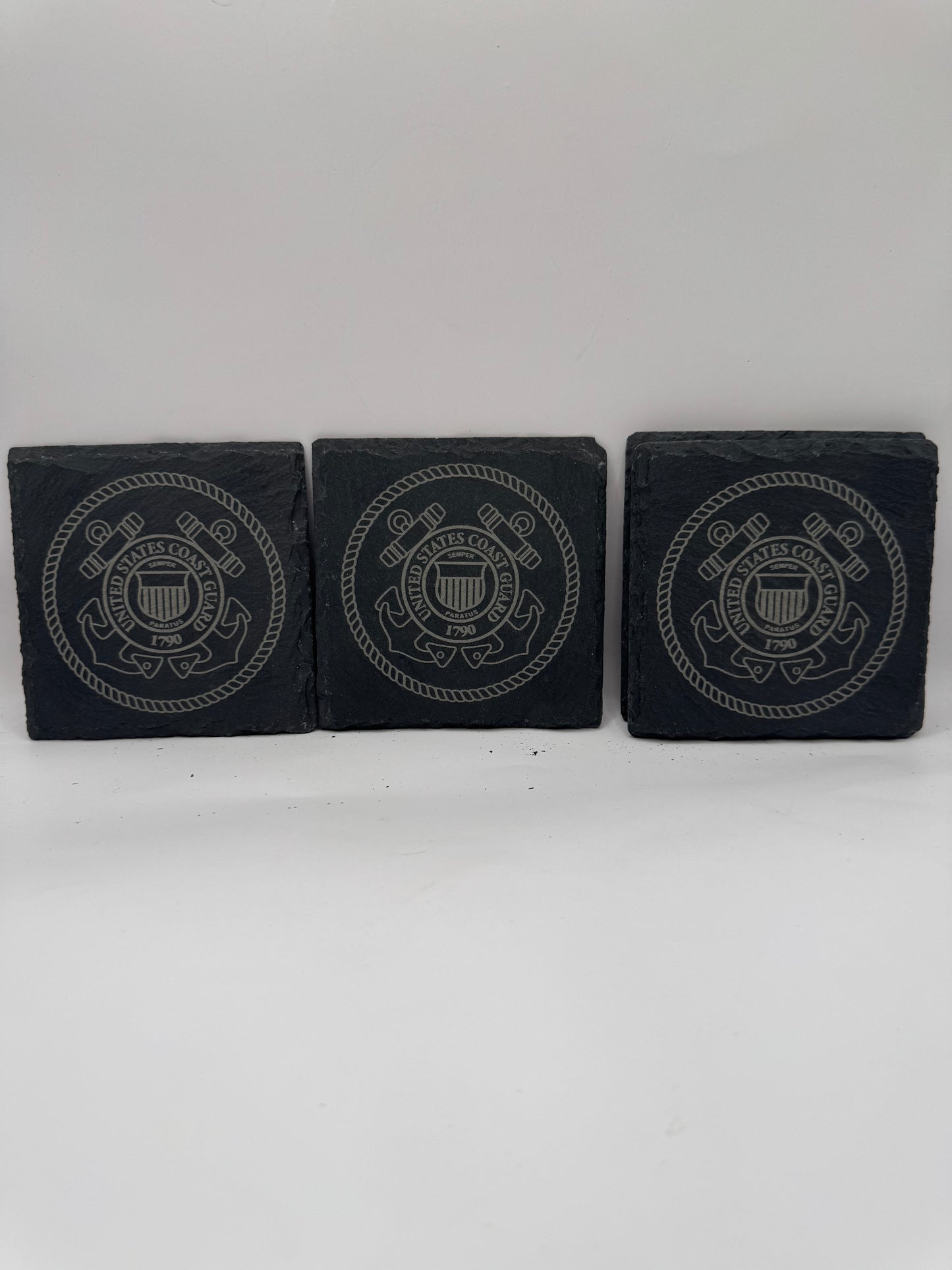 U.S. Coast Guard Slate Coasters with Engraved Logo, Black, Set of 4