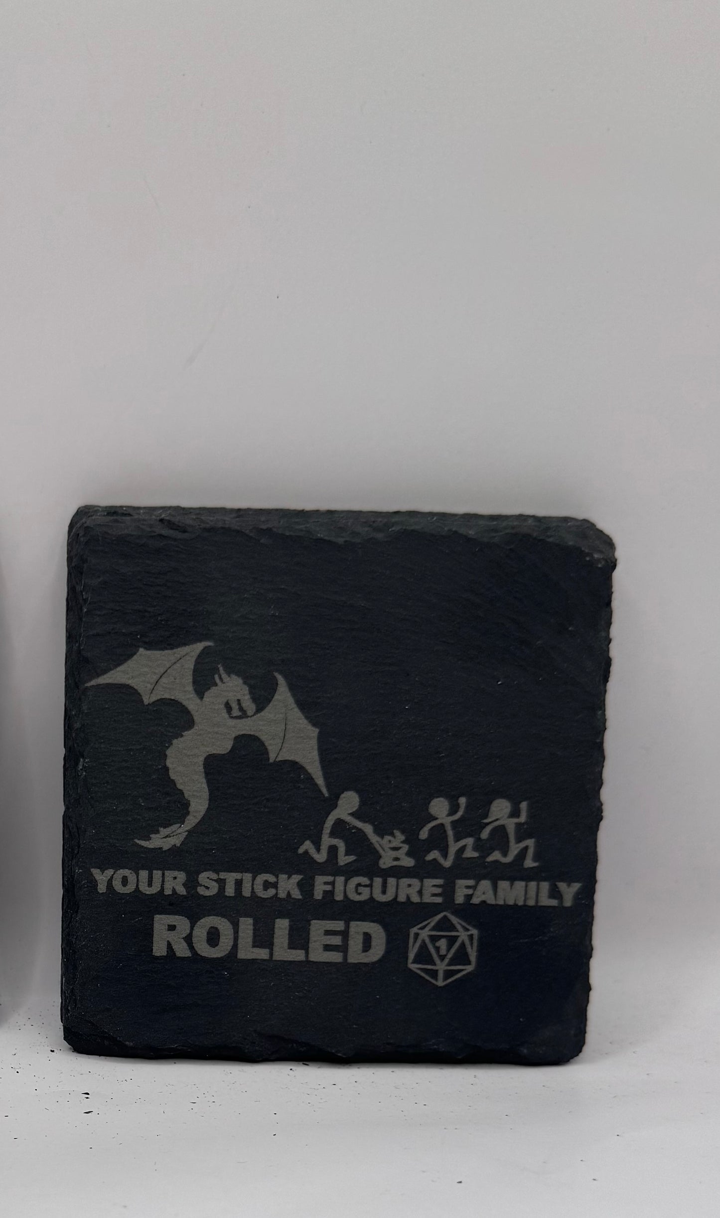 RPG Themed Slate Coaster, Dragon and Stick Figure Family Design, D20 Dice Motif, Black, Set of 4