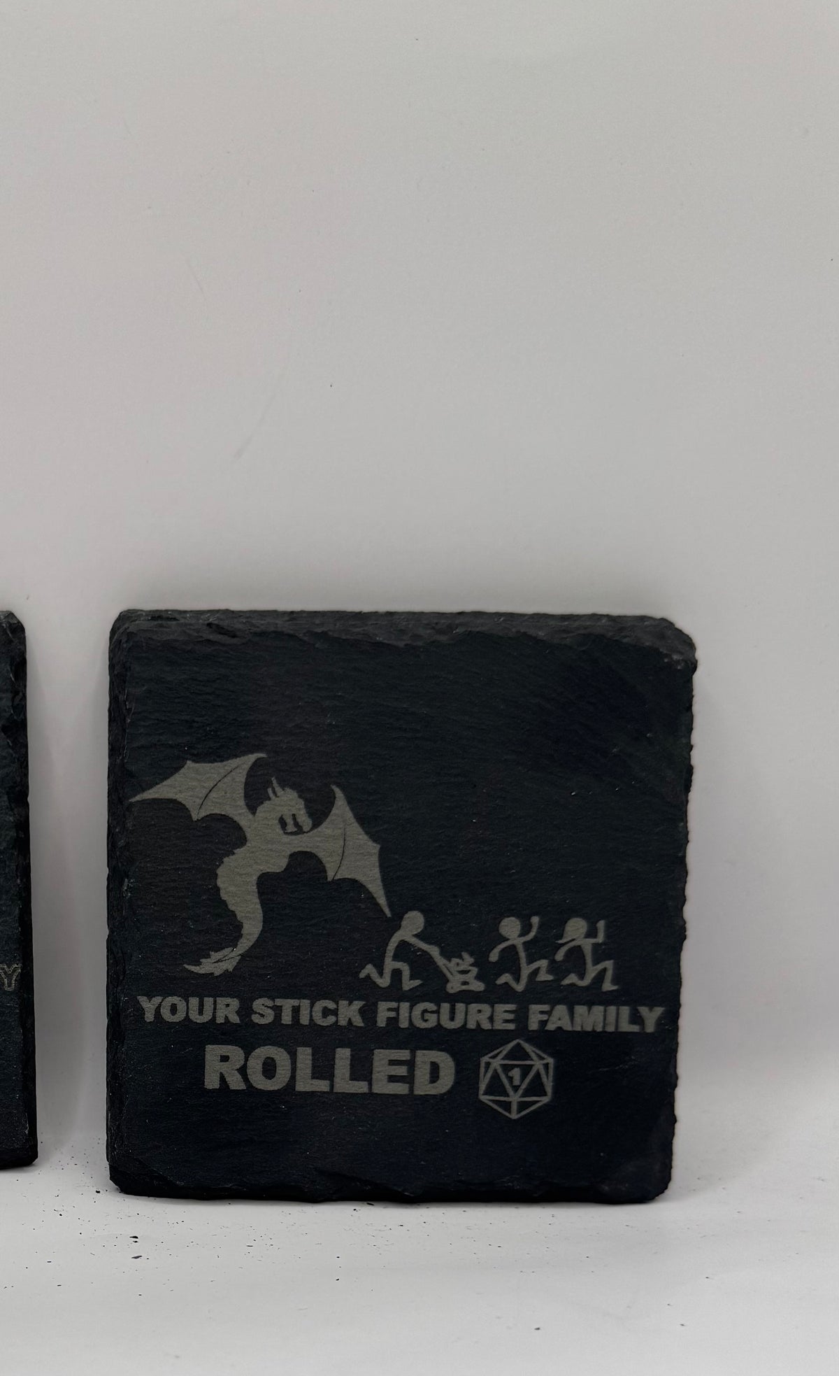 RPG Themed Slate Coaster, Dragon and Stick Figure Family Design, D20 Dice Motif, Black, Set of 4
