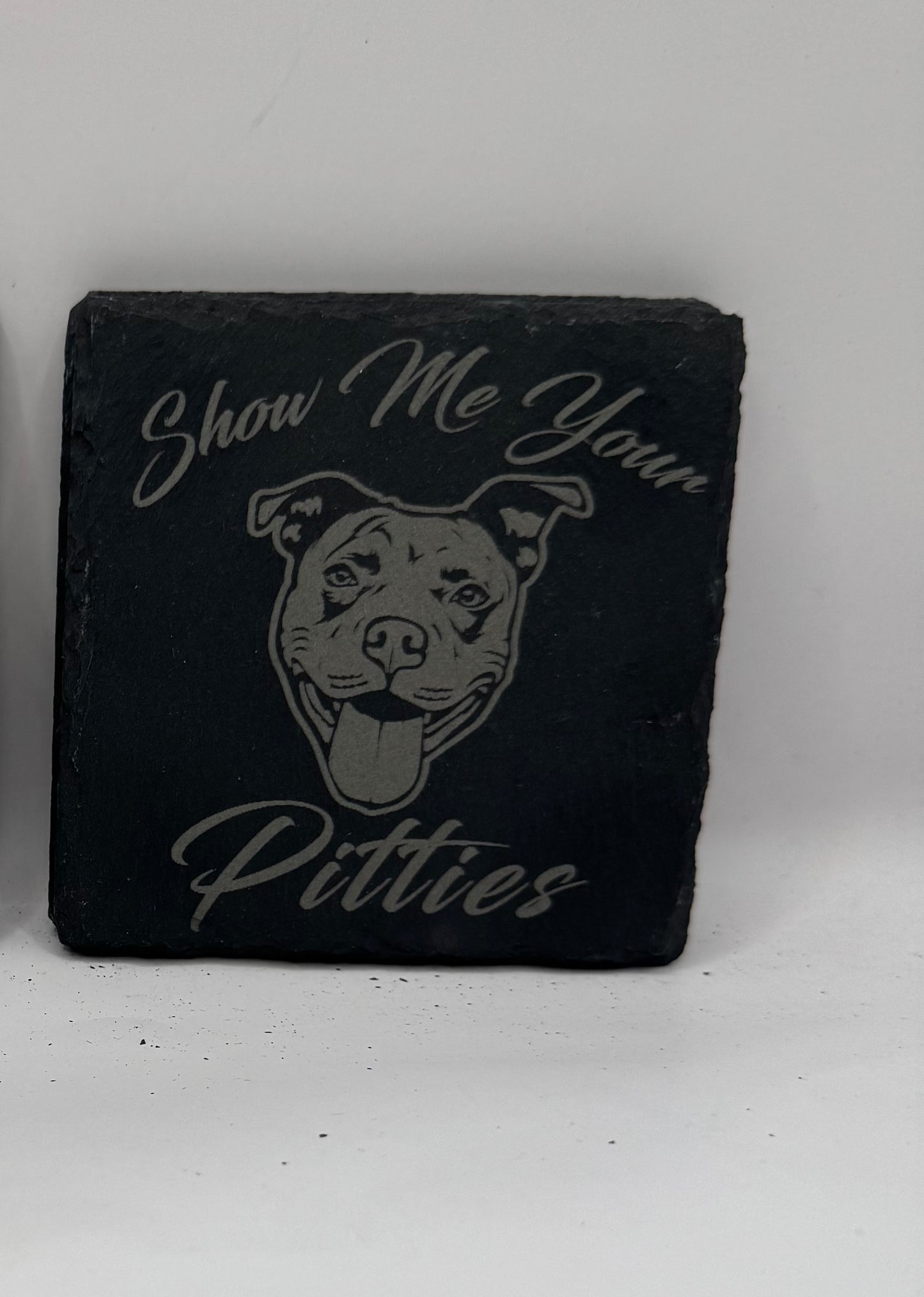 Show Me Your Pitties Slate Stone Coaster, Black with Dog Design, Decorative Drink Holder, Set of 4