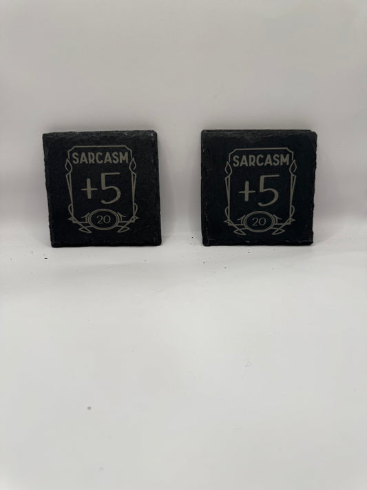 Sarcasm +5 Black Slate Gaming Coasters, Set of 4