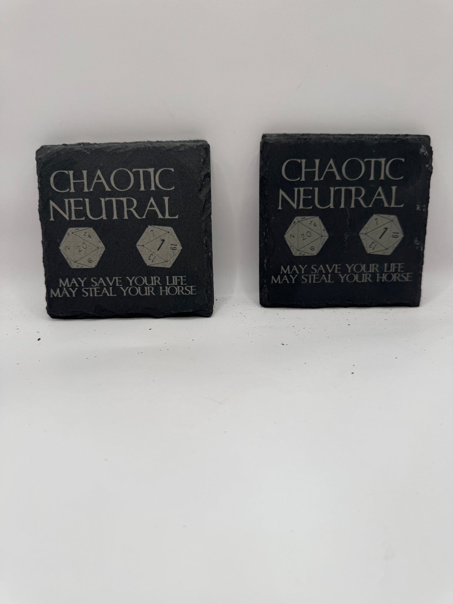 Chaotic Neutral Slate Gaming Coasters with D20 Dice Design, Black, Set of 4