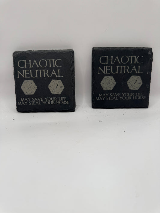 Chaotic Neutral Slate Gaming Coasters with D20 Dice Design, Black, Set of 4