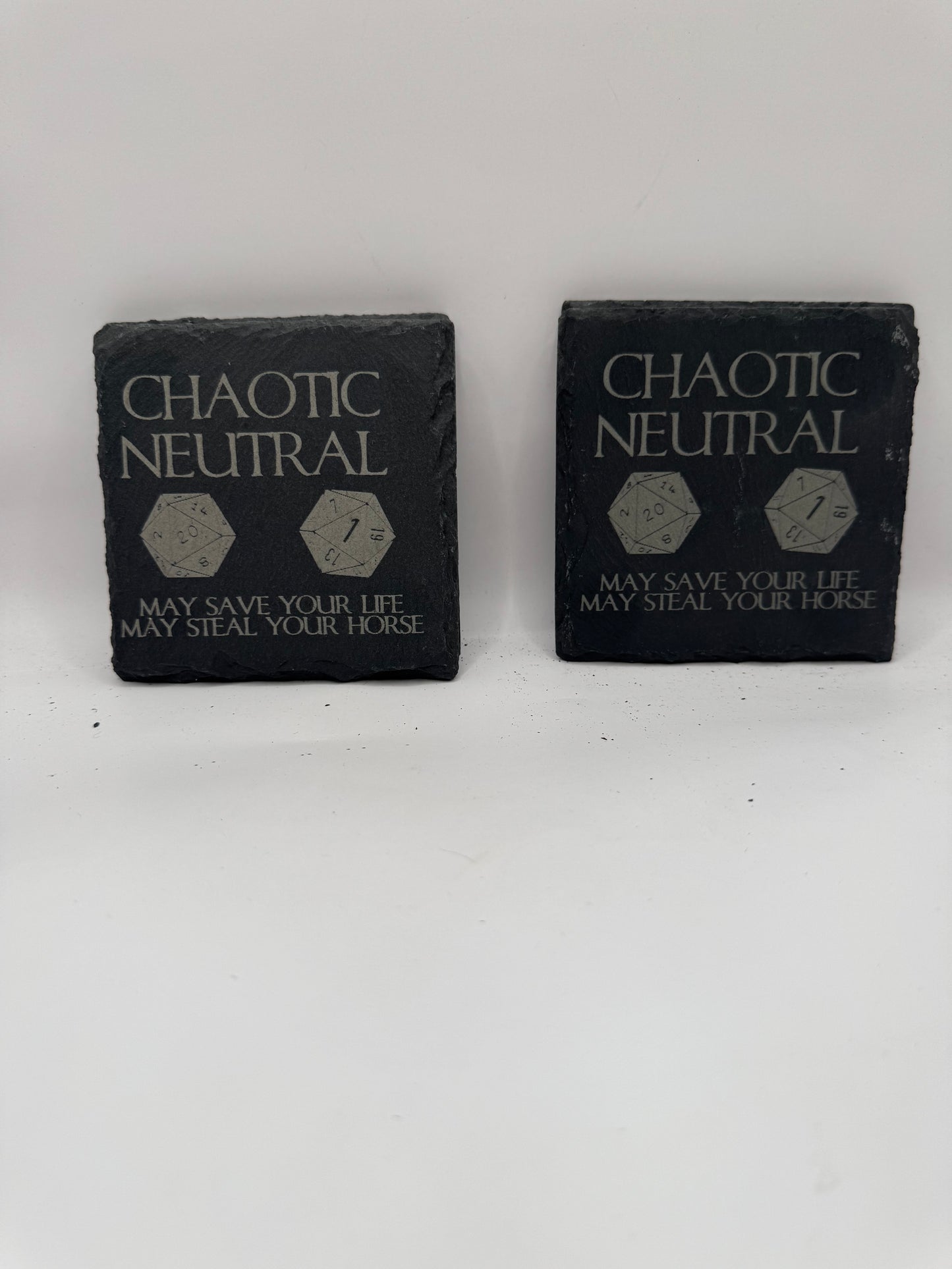 Chaotic Neutral Slate Gaming Coasters with D20 Dice Design, Black, Set of 4