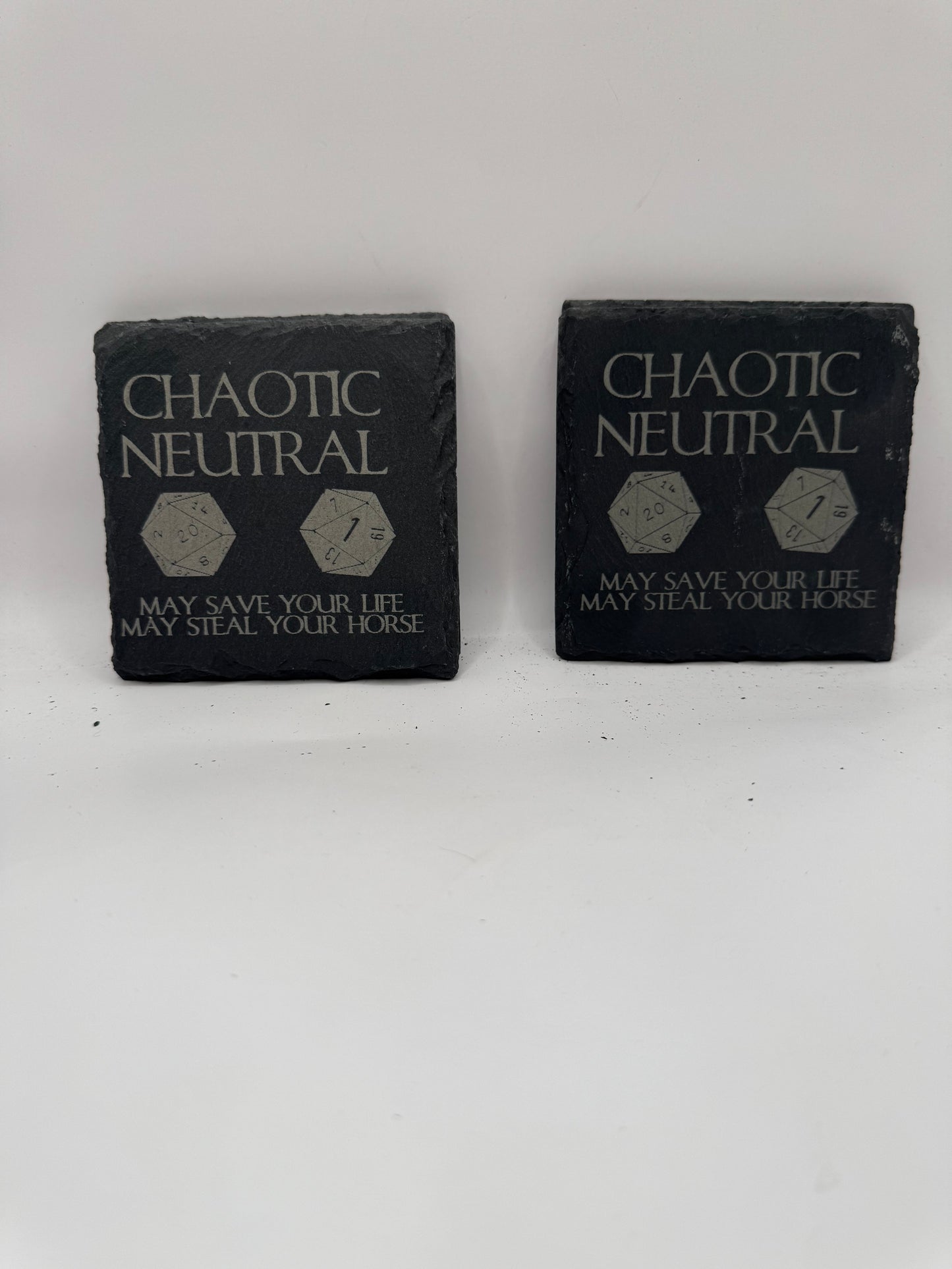 Chaotic Neutral Slate Gaming Coasters with D20 Dice Design, Black, Set of 4