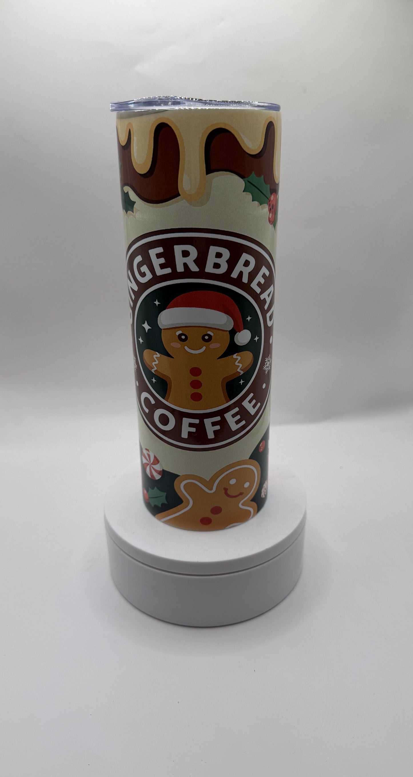 Gingerbread Coffee Christmas Tumbler with Lid, Insulated Travel Mug, Holiday Theme