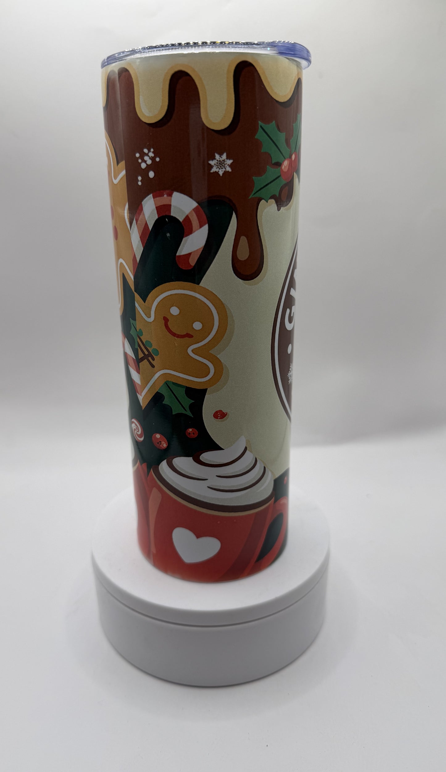 Gingerbread Coffee Christmas Tumbler with Lid, Insulated Travel Mug, Holiday Theme