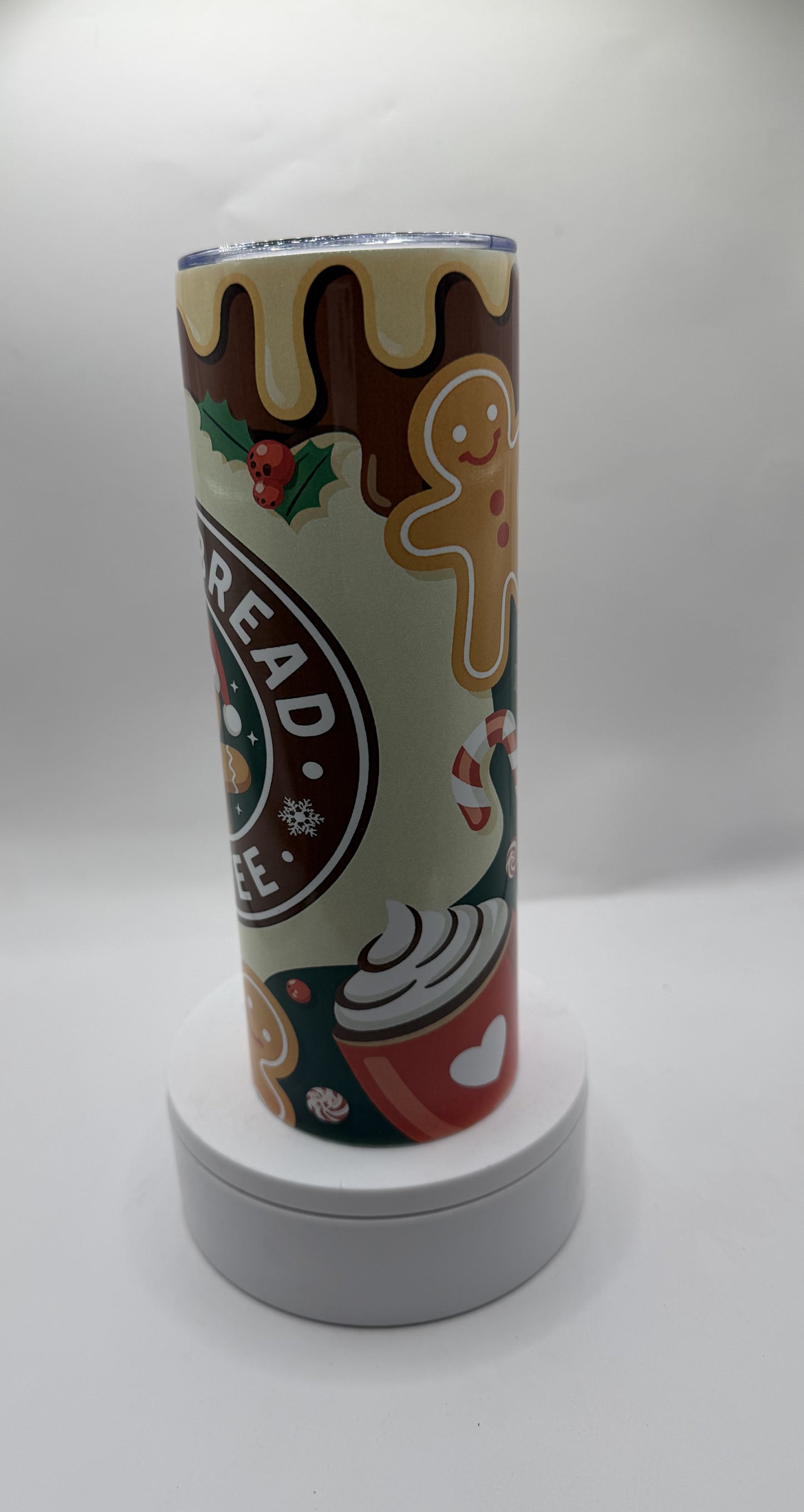 Gingerbread Coffee Christmas Tumbler with Lid, Insulated Travel Mug, Holiday Theme