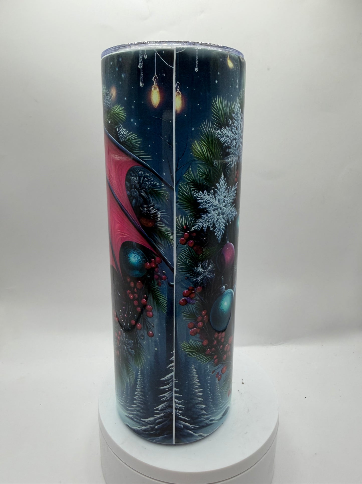 Dragon Tumbler with Christmas Holiday Theme, Insulated Drinkware, Fantasy Art Design