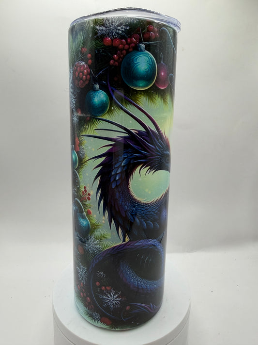 Dragon Tumbler with Christmas Holiday Theme, Insulated Drinkware, Fantasy Art Design