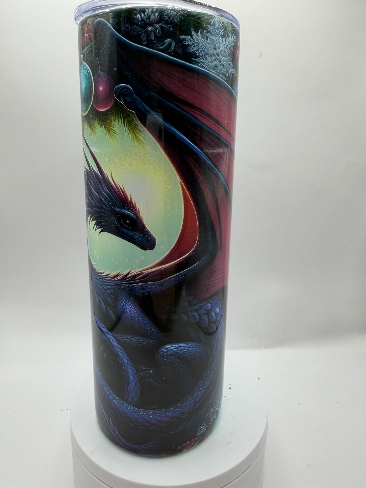 Dragon Tumbler with Christmas Holiday Theme, Insulated Drinkware, Fantasy Art Design