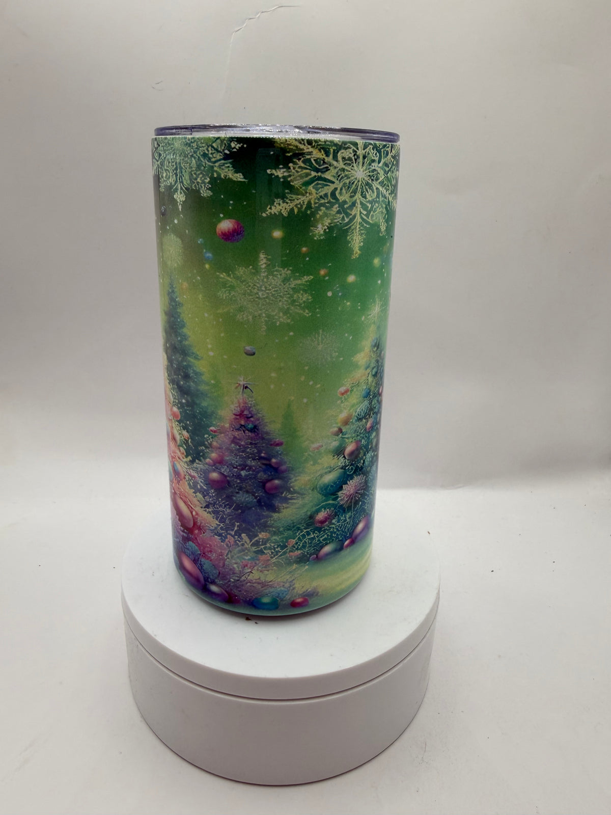 Liquid Motion Tumbler with Snowflake Design, Green Multi-Color, 12 oz, Stainless Steel, Cylindrical, Reusable, with Lid
