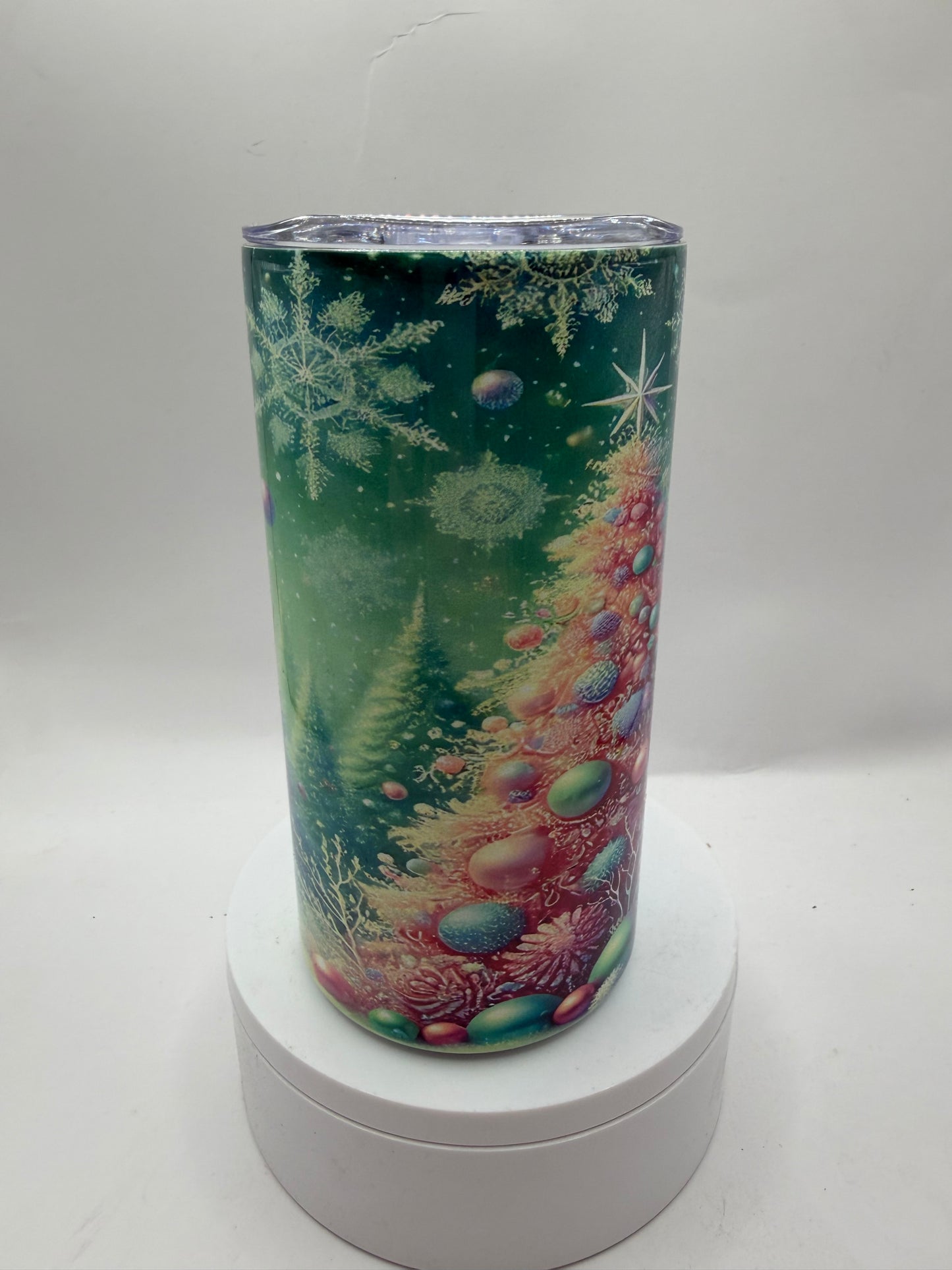 Liquid Motion Tumbler with Snowflake Design, Green Multi-Color, 12 oz, Stainless Steel, Cylindrical, Reusable, with Lid