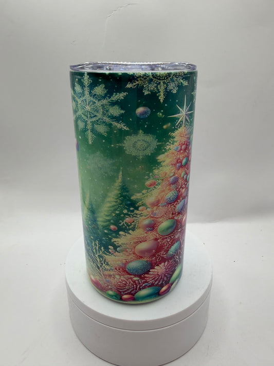 Liquid Motion Tumbler with Snowflake Design, Green Multi-Color, 12 oz, Stainless Steel, Cylindrical, Reusable, with Lid
