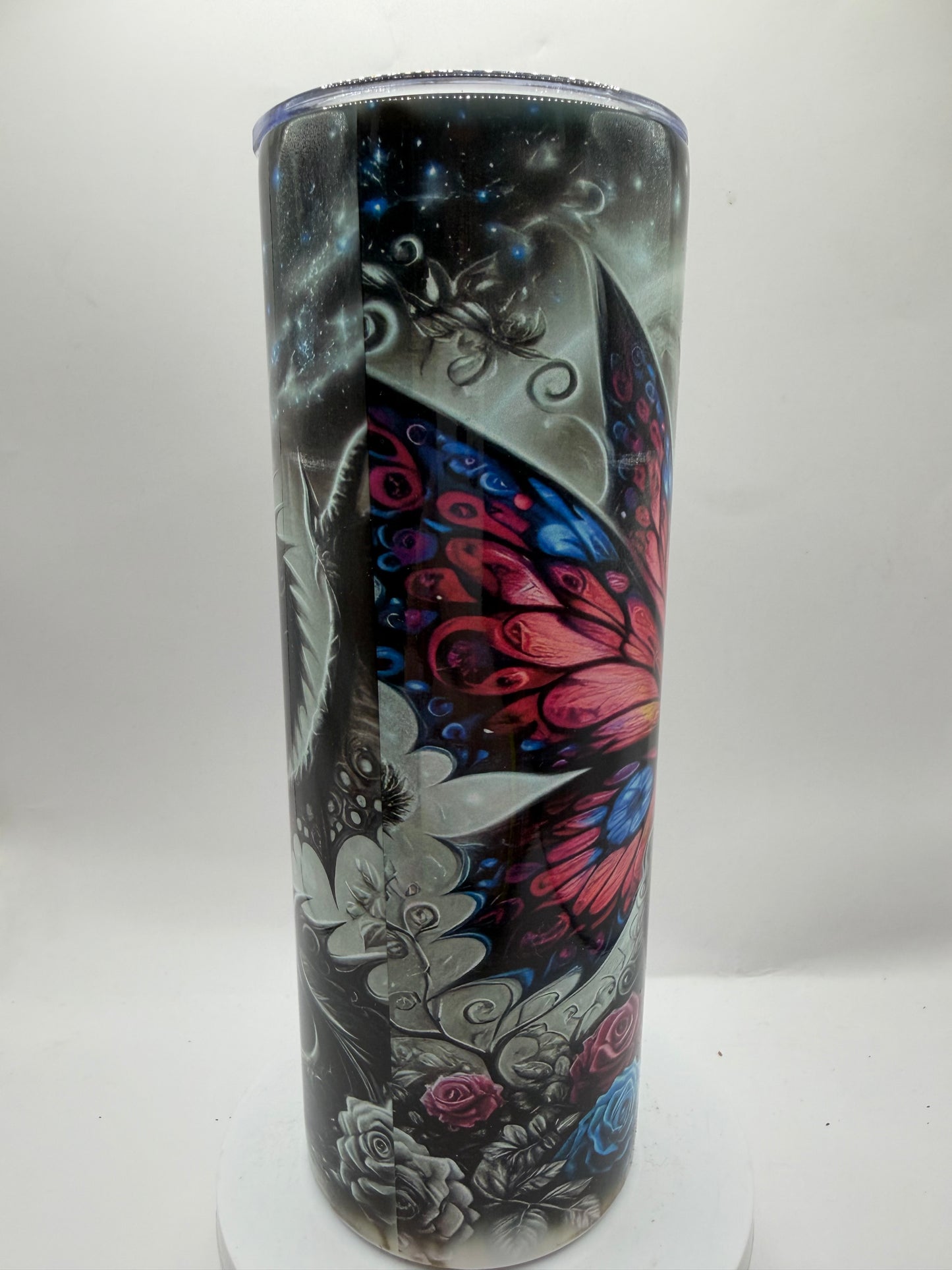 Tumbler with Fantasy Dragon Butterfly Rose Design, Multicolor Artwork, Drinkware