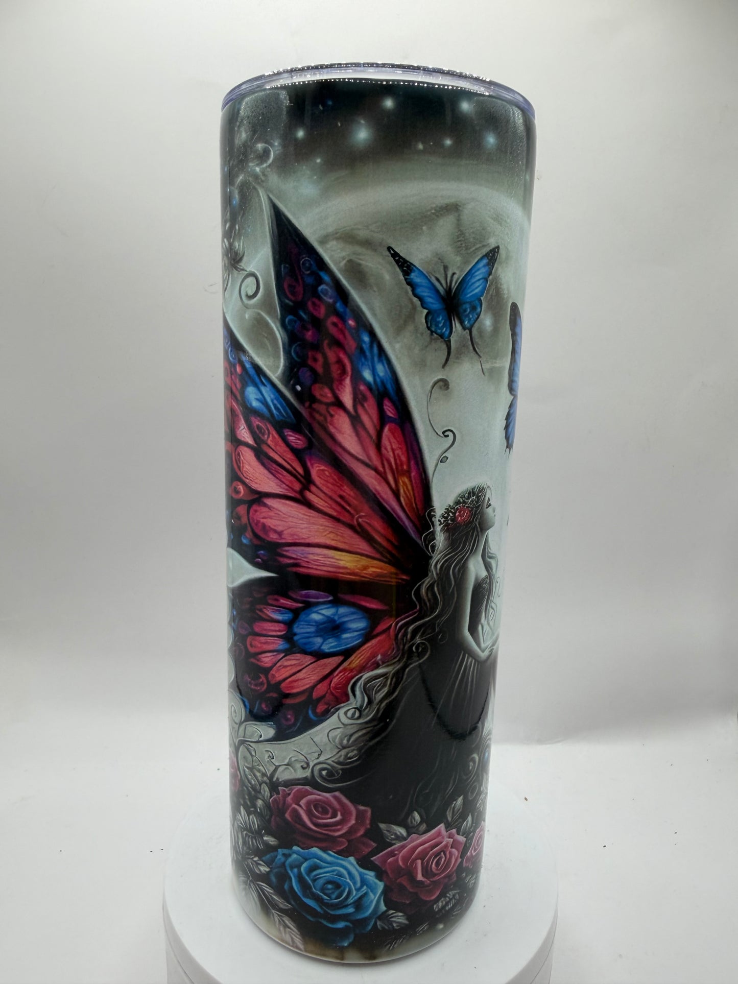 Tumbler with Fantasy Dragon Butterfly Rose Design, Multicolor Artwork, Drinkware