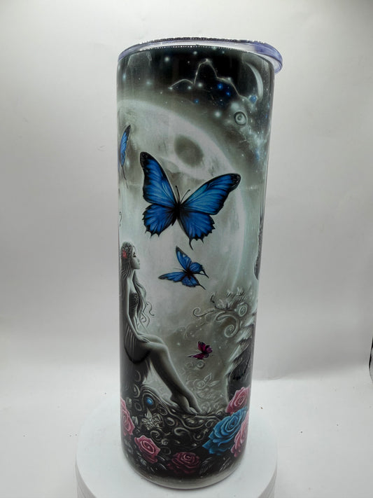 Tumbler with Fantasy Dragon Butterfly Rose Design, Multicolor Artwork, Drinkware