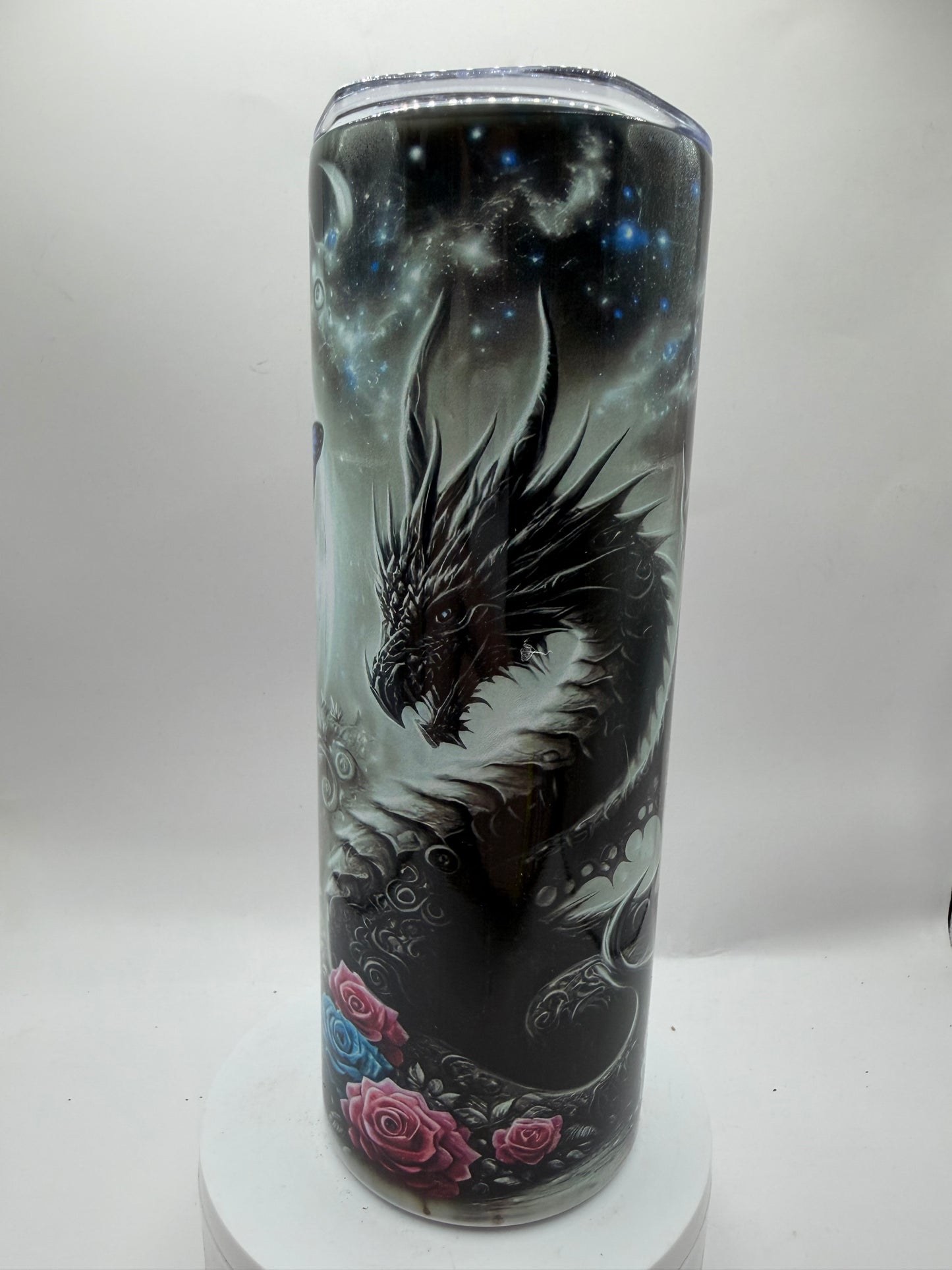 Tumbler with Fantasy Dragon Butterfly Rose Design, Multicolor Artwork, Drinkware