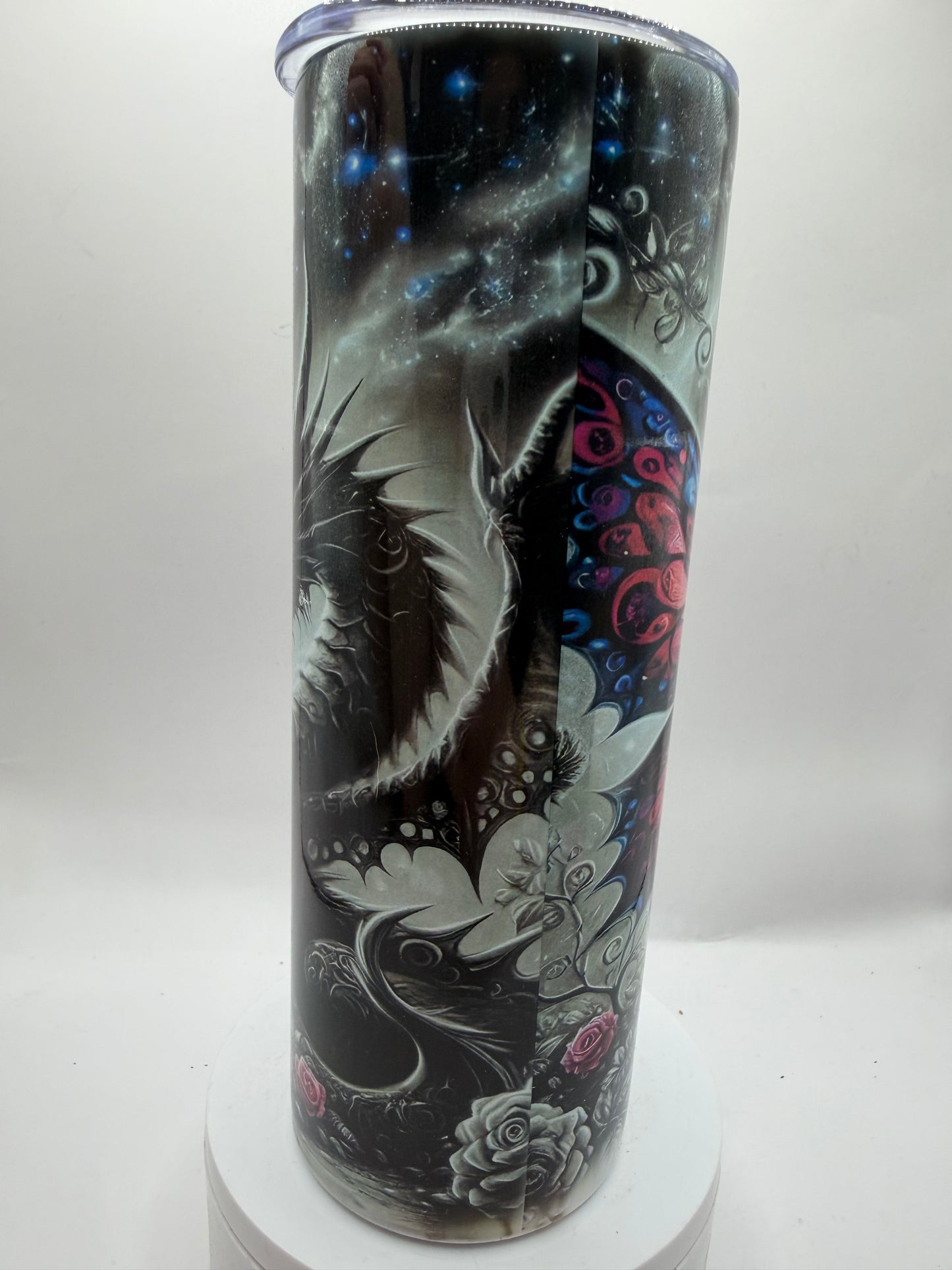 Tumbler with Fantasy Dragon Butterfly Rose Design, Multicolor Artwork, Drinkware