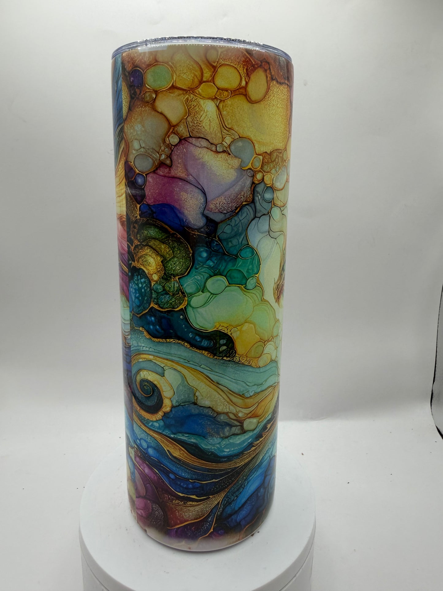 Handcrafted Tumbler with Dragon Abstract Marble Design, Multi-Color Glass Art, Decorative Drinking Cup, Swirled Pattern