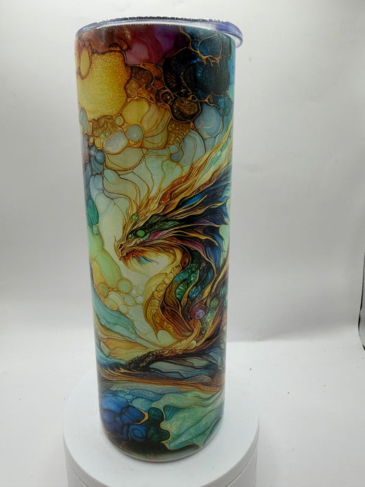 Handcrafted Tumbler with Dragon Abstract Marble Design, Multi-Color Glass Art, Decorative Drinking Cup, Swirled Pattern
