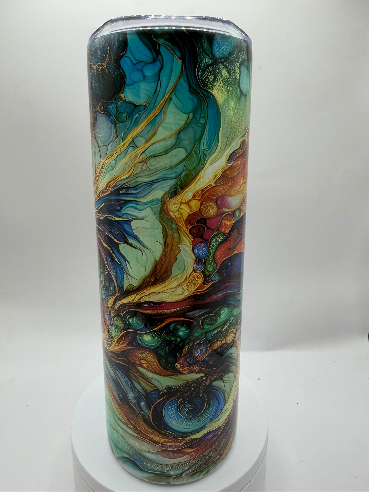 Handcrafted Tumbler with Dragon Abstract Marble Design, Multi-Color Glass Art, Decorative Drinking Cup, Swirled Pattern