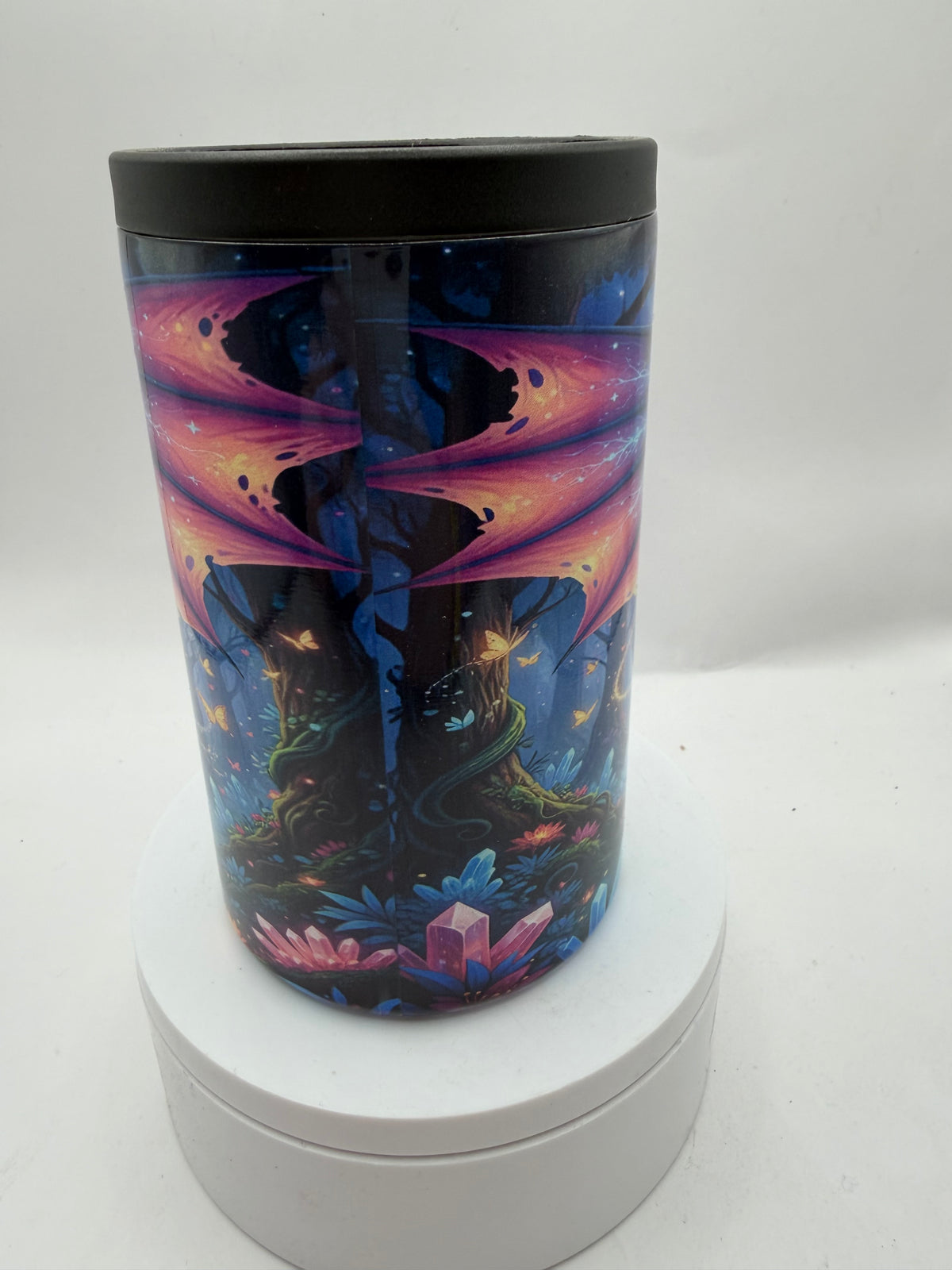 Fantasy Dragon Can Cooler, Cosmic Galaxy Design, Insulated Can Cooler with Mystical Night Sky Art, Blue and Purple