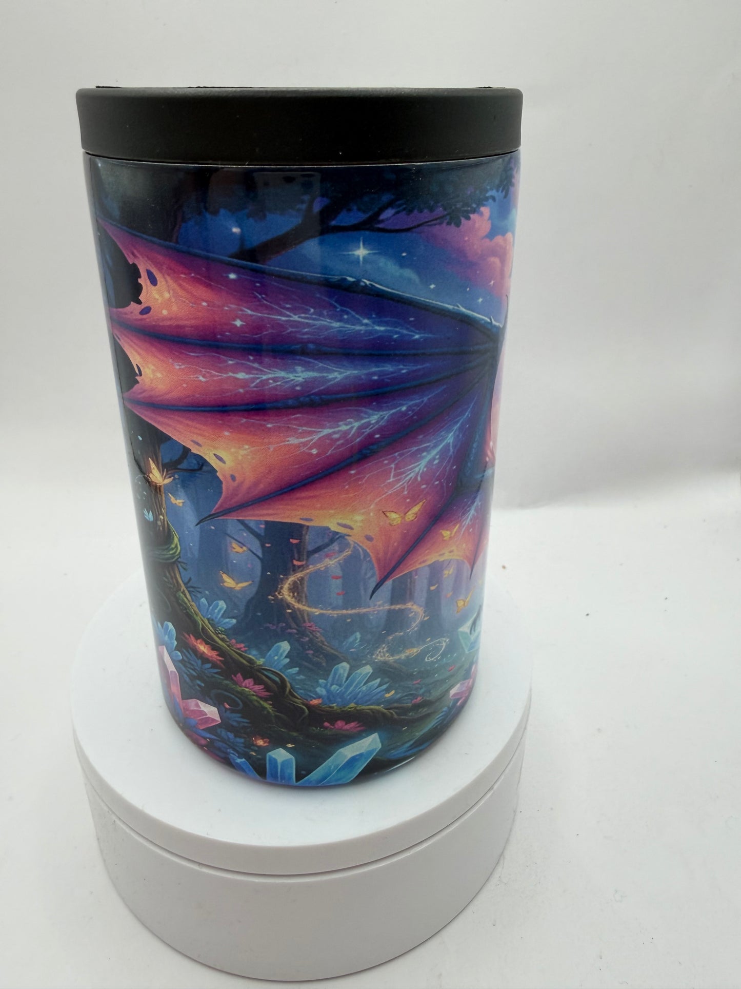 Fantasy Dragon Can Cooler, Cosmic Galaxy Design, Insulated Can Cooler with Mystical Night Sky Art, Blue and Purple