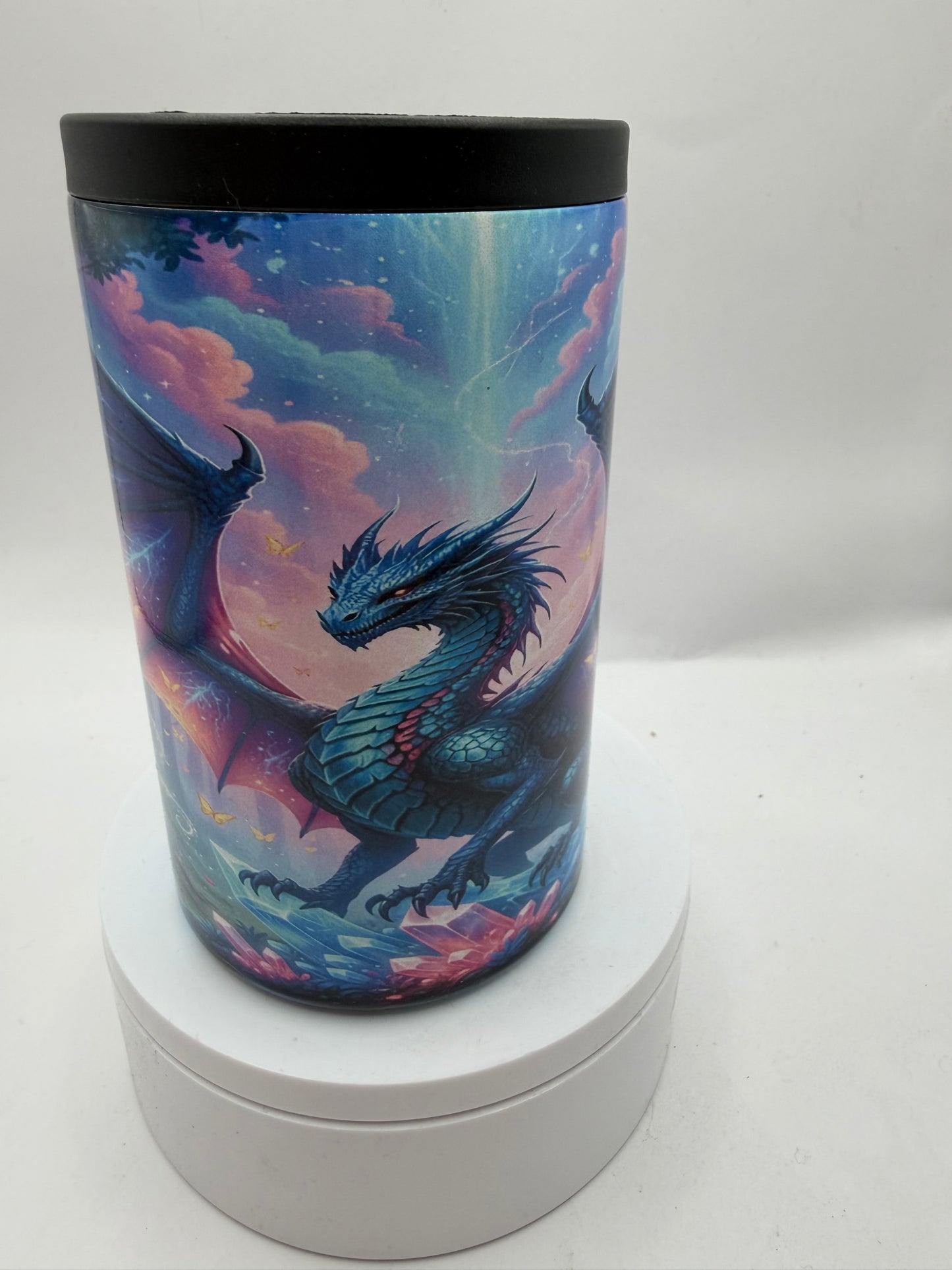 Fantasy Dragon Can Cooler, Cosmic Galaxy Design, Insulated Can Cooler with Mystical Night Sky Art, Blue and Purple