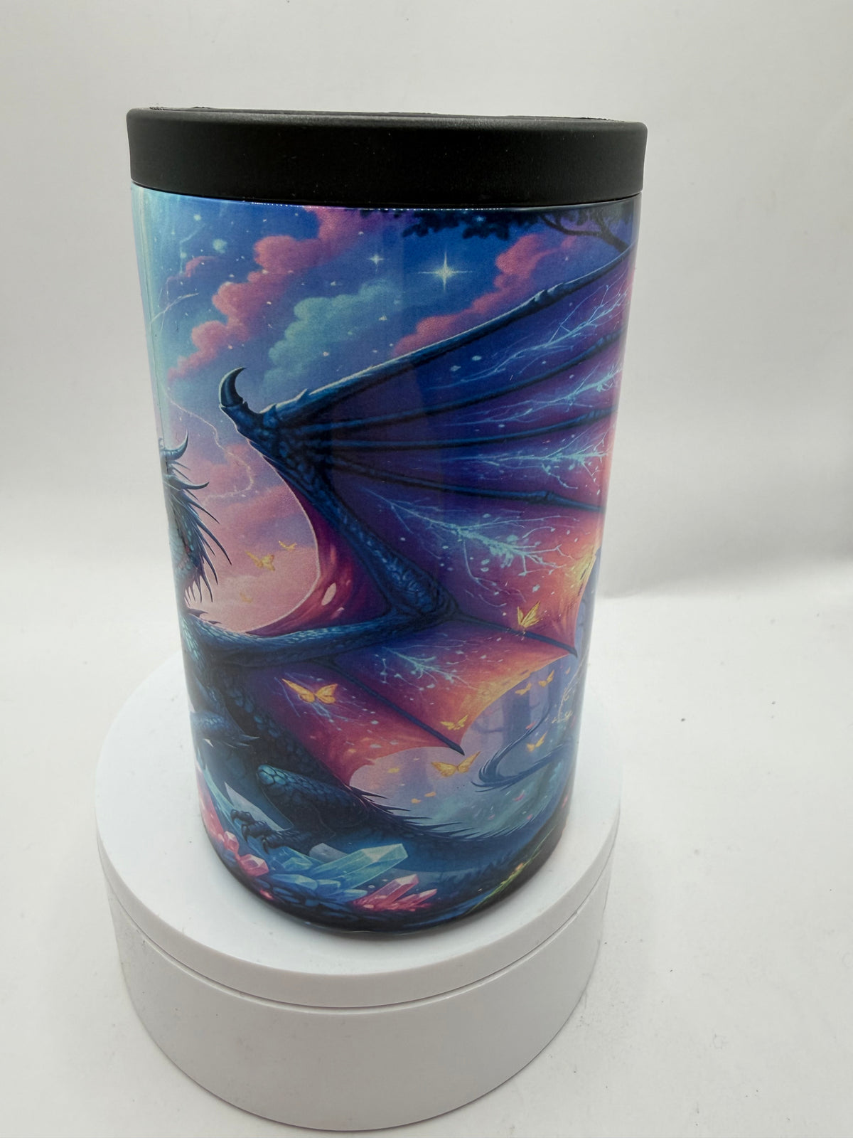 Fantasy Dragon Can Cooler, Cosmic Galaxy Design, Insulated Can Cooler with Mystical Night Sky Art, Blue and Purple