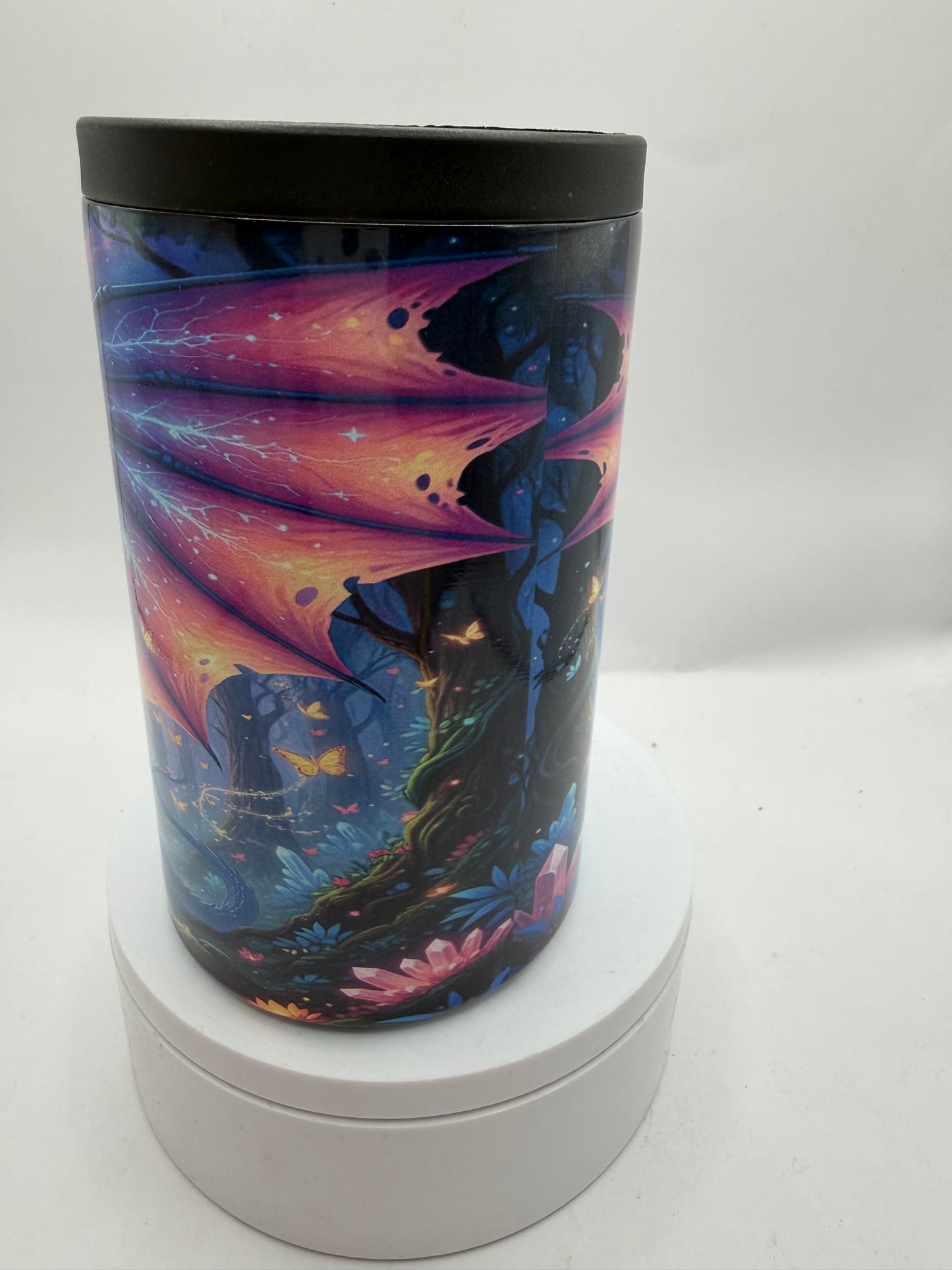 Fantasy Dragon Can Cooler, Cosmic Galaxy Design, Insulated Can Cooler with Mystical Night Sky Art, Blue and Purple