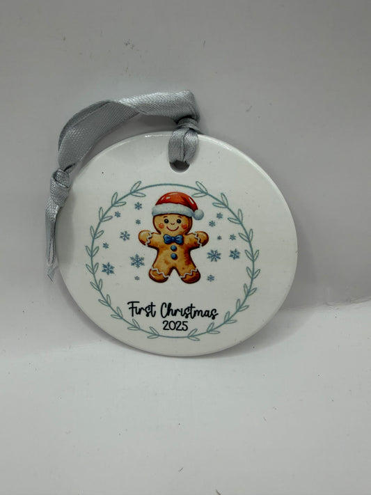 First Christmas 2025 Ceramic Ornament, White, Gingerbread Design, Holiday Theme, Round Shape