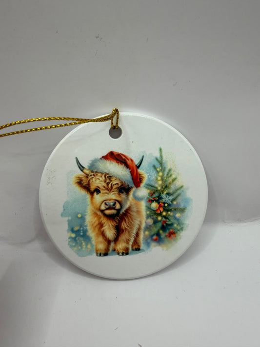 Christmas Ornament Disc with Cow Design, White Ceramic, Gold String, Holiday Winter Theme, Decorative Tree Hanging