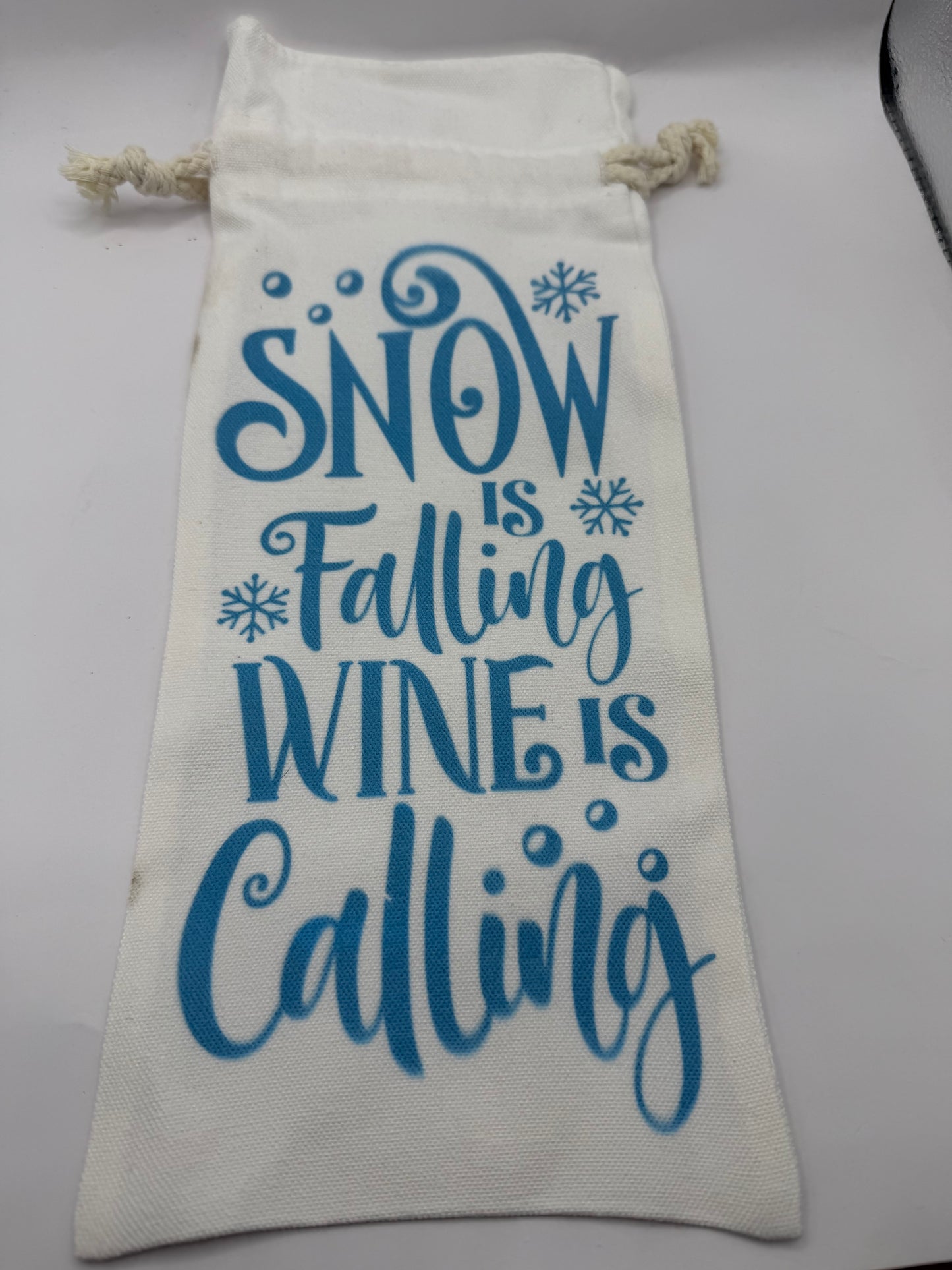 Wine Gift Bag, Canvas Material, Blue Print, Drawstring Closure, Holiday Theme