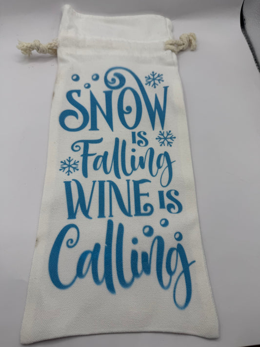 Wine Gift Bag, Canvas Material, Blue Print, Drawstring Closure, Holiday Theme
