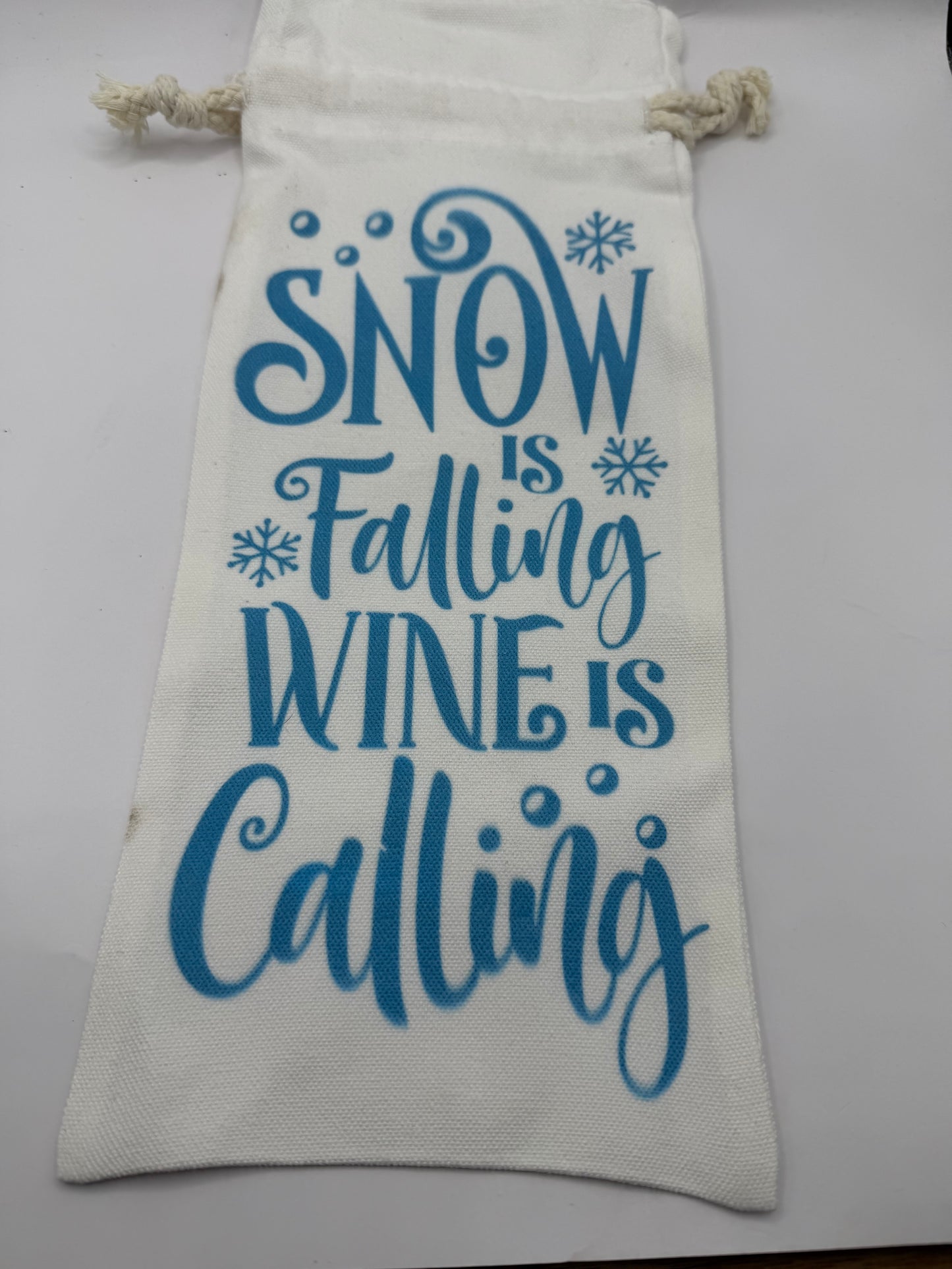Wine Gift Bag, Canvas Material, Blue Print, Drawstring Closure, Holiday Theme