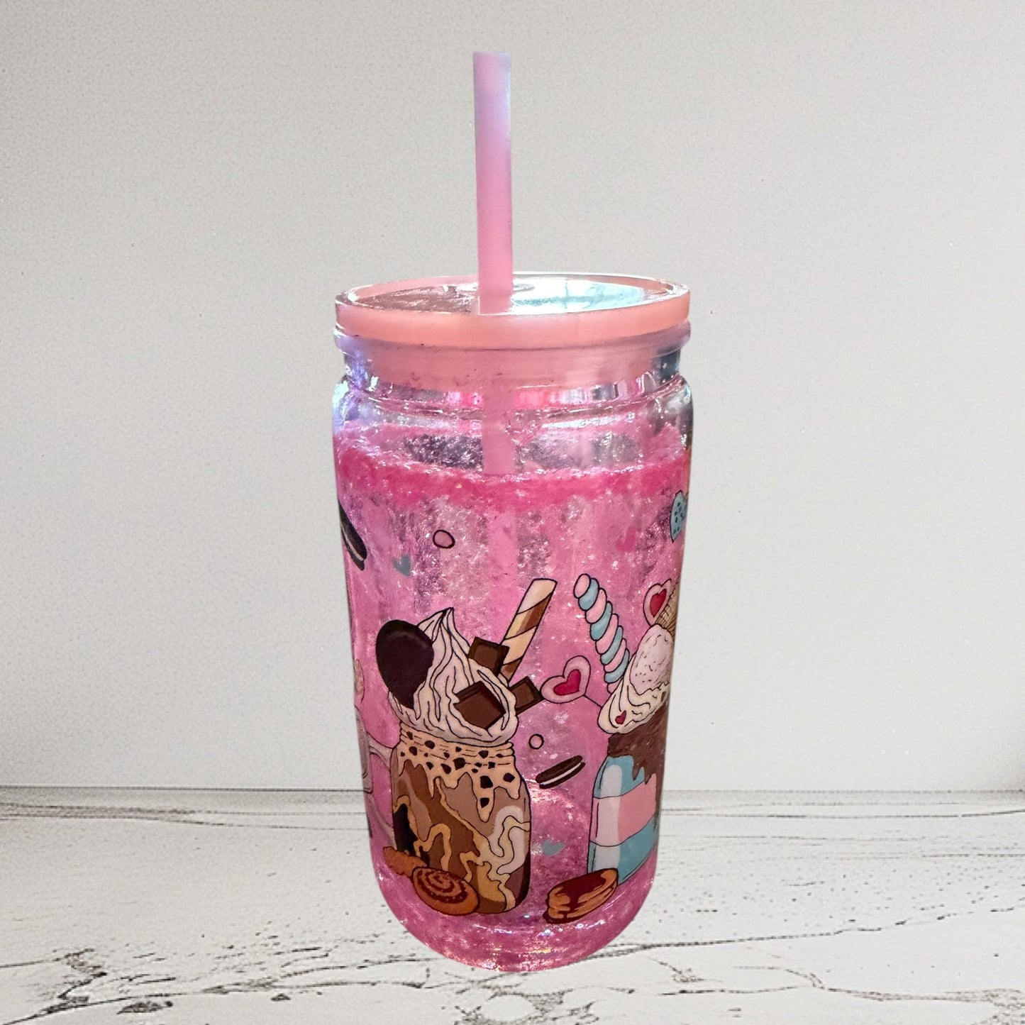 Pink Glitter Mason Jar Tumbler with Straw and Lid, Dessert Theme, Ice Cream Donut Design