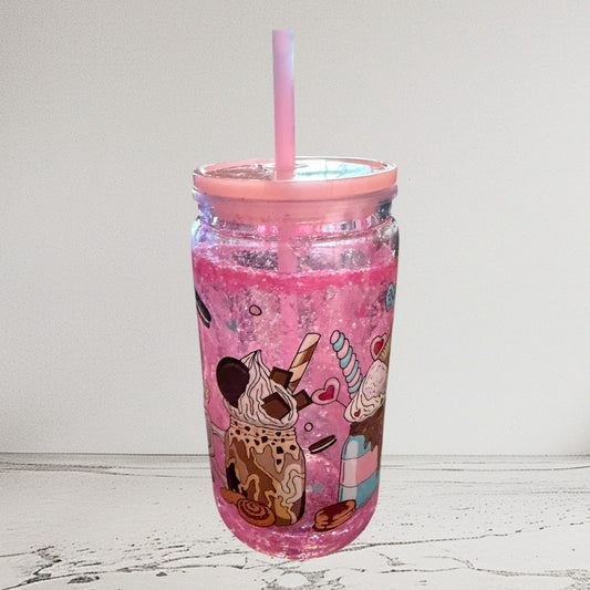 Pink Glitter Mason Jar Tumbler with Straw and Lid, Dessert Theme, Ice Cream Donut Design