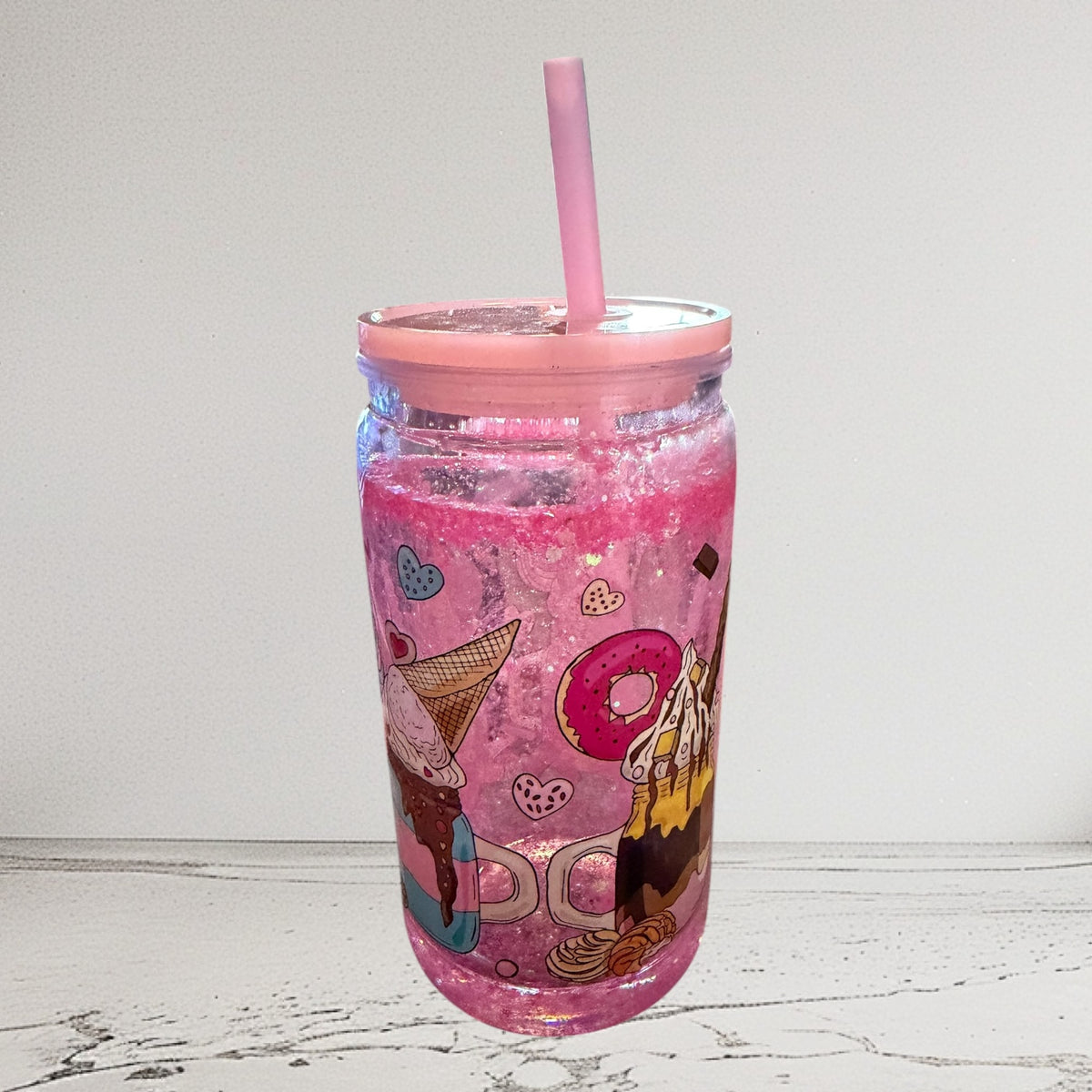 Pink Glitter Mason Jar Tumbler with Straw and Lid, Dessert Theme, Ice Cream Donut Design