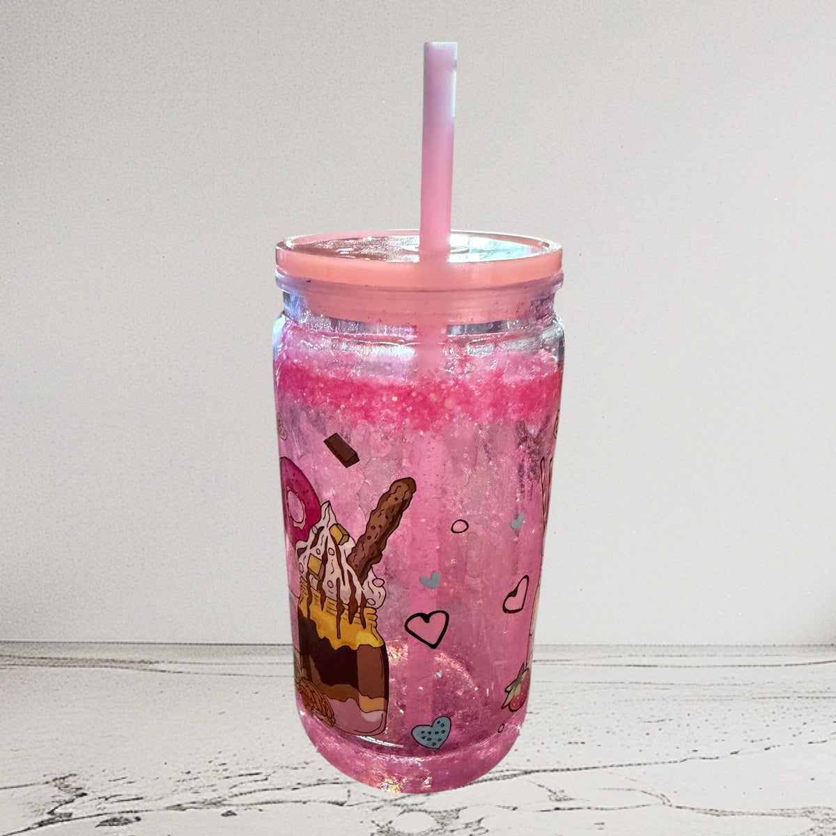 Pink Glitter Mason Jar Tumbler with Straw and Lid, Dessert Theme, Ice Cream Donut Design