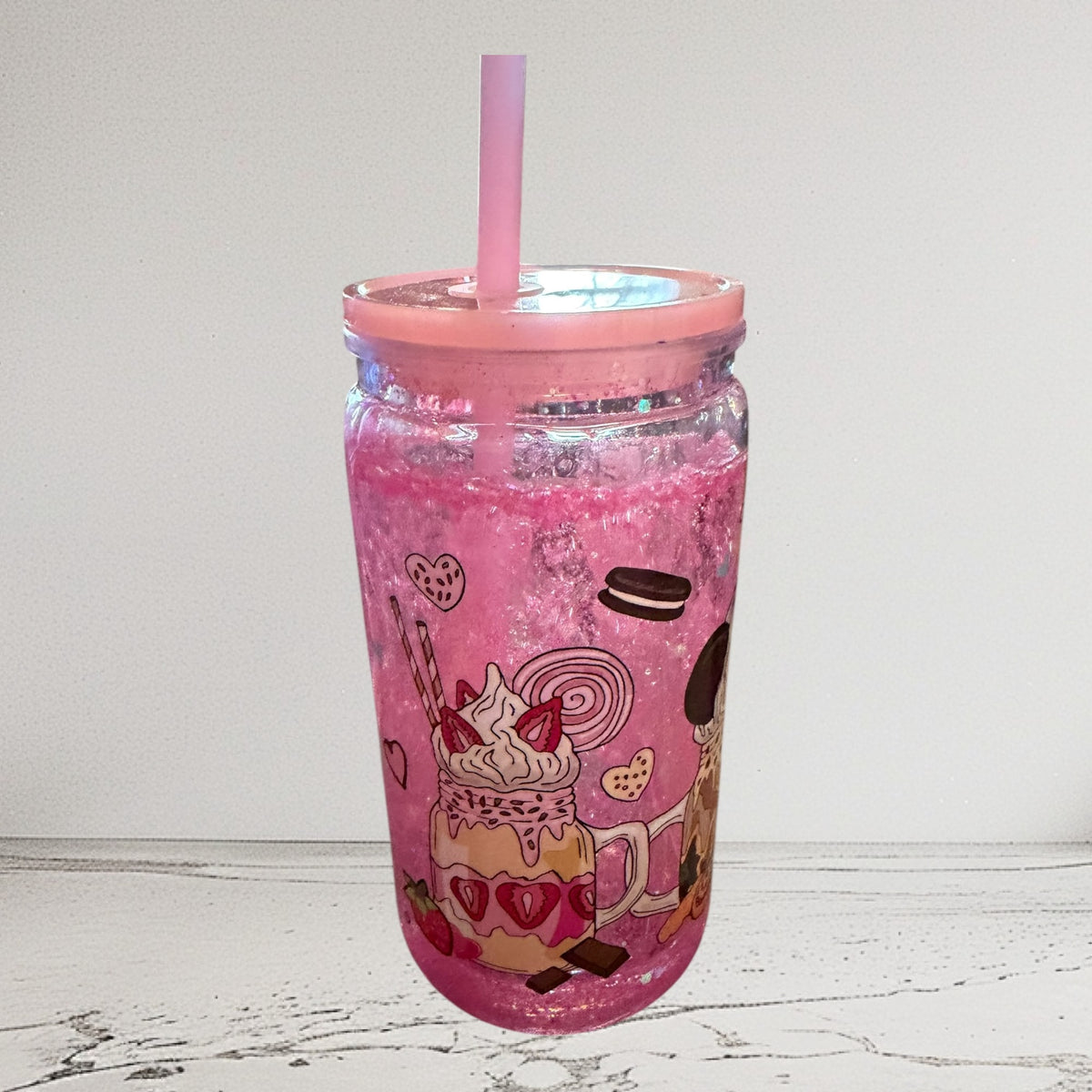 Pink Glitter Mason Jar Tumbler with Straw and Lid, Dessert Theme, Ice Cream Donut Design