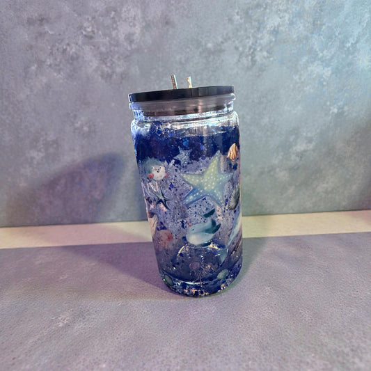 Ocean Themed Mason Jar Tumbler with Straw, Blue Glitter