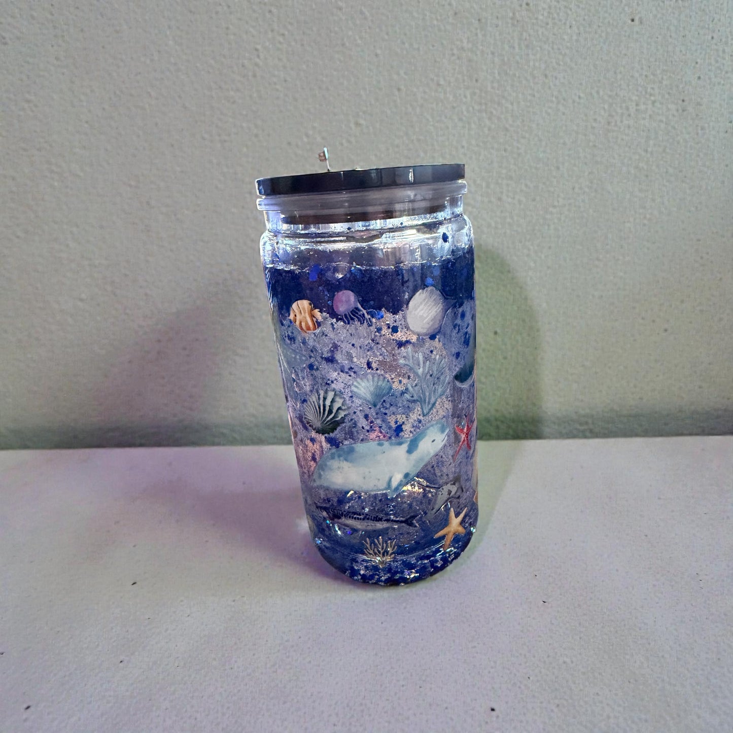 Ocean Themed Mason Jar Tumbler with Straw, Blue Glitter