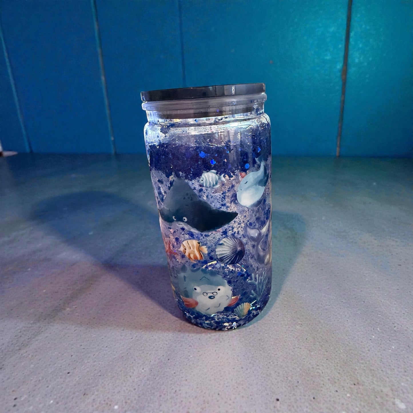 Ocean Themed Mason Jar Tumbler with Straw, Blue Glitter
